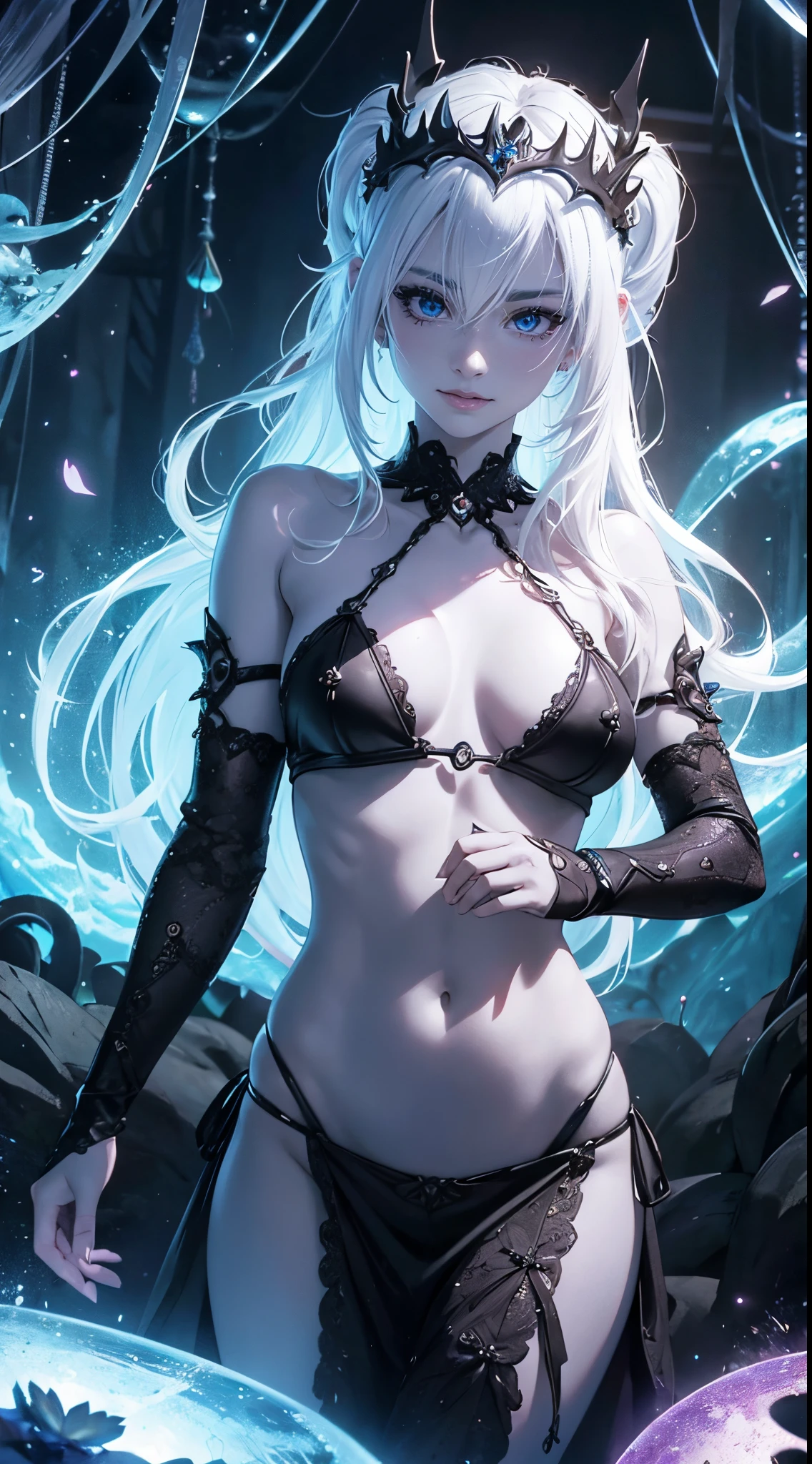 Hermosa y seductora caballero drow, mythology theme, fantasy theme, purple skin, pelo largo y blanco, ojos rojos, a cup size extremely small breasts, Inside a magical forest of dark bioluminescent mushrooms, apenas vestido, gothic spiked bikini armor, hermoso d&D Retrato del personaje, beautiful fantasy, Detallado, Arte digital, Detalle extremo, pulido, Beautiful, hiperdetallado, intrincado, elaborar, meticuloso, Personaje de anime, Detallado, Cara de Anime, foco nítido, Motor irreal, Renderizado 3D, volumetric illumination, Reflexiones, brillante, Digital illustration, pose sensual, pose sugerente, Toma de cuerpo completo, small perky breasts, Anatomically correct 💖❤💕💋❣,,More detailed 8K.motor irreal:1.4,UHD,La mejor calidad:1.4, fotorrealista:1.4, textura de la piel:1.4, obra maestra:1.8,obra-prima, mejor calidad,objeto Objeto], (detailed face features:1.3),(manos detailed),Ultraphotomicrography,fondo azul
