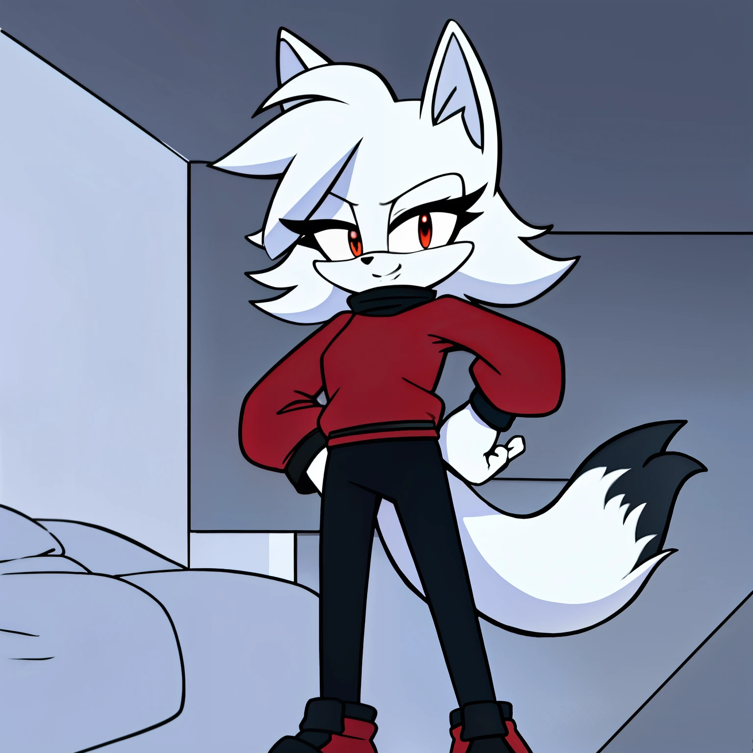 ((1girl)), ((solo)), female, mobian, fox, grayish white fur, furry, leaning forward with one hand on hip, sassy pose, comfy red shirt with black long sleeves, comfy black leggings, long grayish white hair, hair over shoulders, red eyes, cat like muzzle, hair bangs, red eyes, smile, sleepy, comfy, looking at viewer, (background comfy looking bedroom), (best quality)