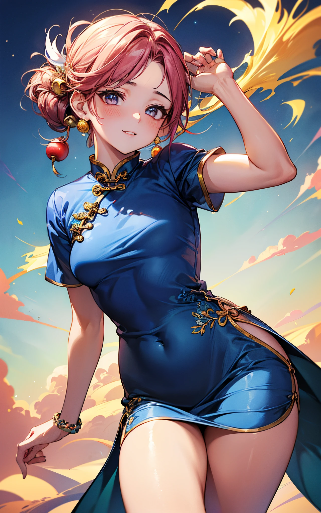 top-quality、hight resolution、​masterpiece、super precision、８K、(1人の女性)、8 head body、
Colorful、Fine skin、thighs thighs thighs thighs、Deep slit、
Beautie、Bright expression、A slight smil、red blush、plump eyes、Eyes sparkle、
(((Luxury cheongsam)))、(bejeweled cheongsam)、(light blue cheongsam dress)、off shoulders、
（Photorealistic backgrounds）、Will、Crowds、kirakira、
Watching the viewer、
(Hair collection)、(((hair adornments)))、Hide your fingertips、Refers to 5 books、
(Composition looking up from a low position)、