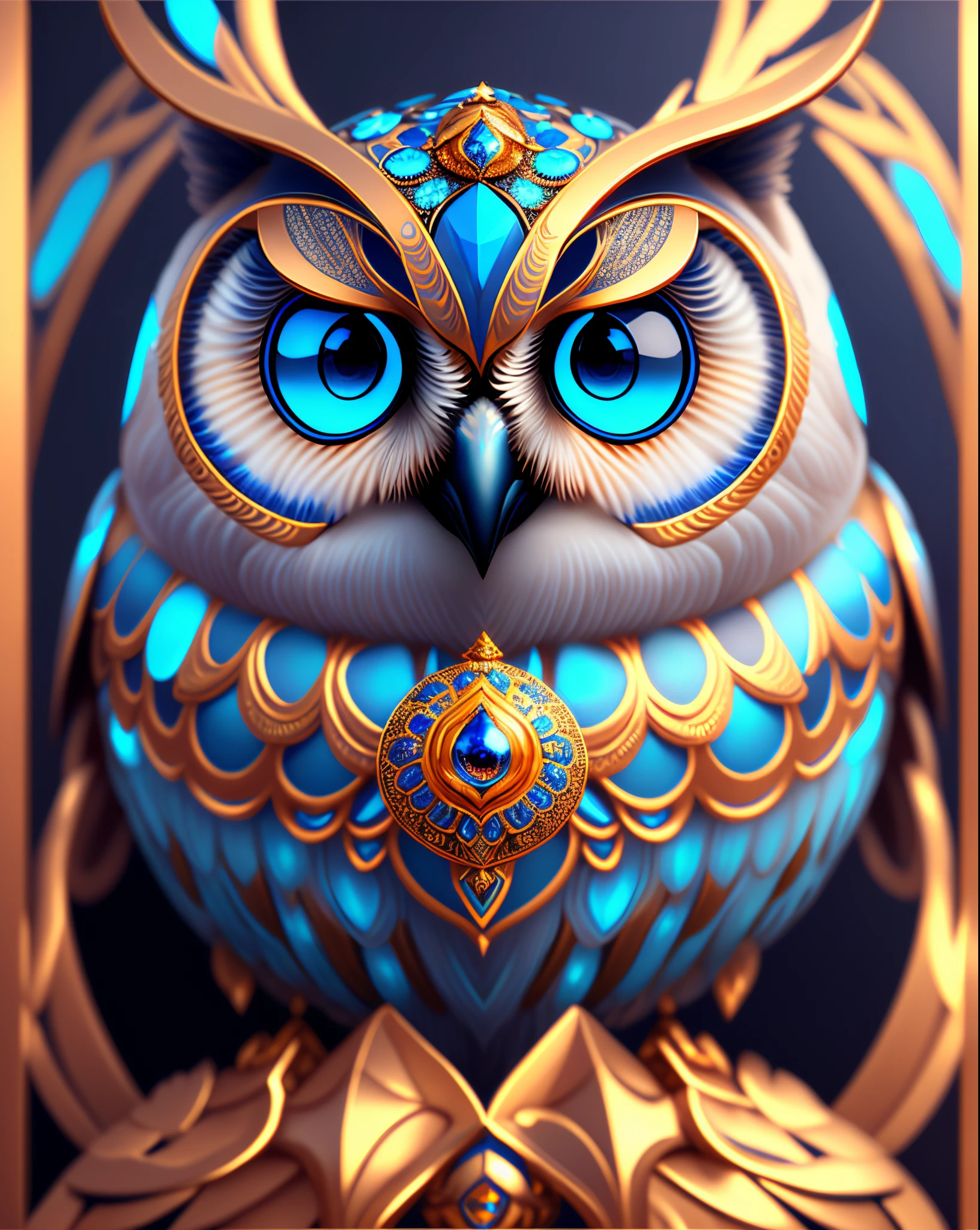 a digital painting of an owl with blue eyes, unreal engine render + a goddess, very detailed , beeple global illumination, elaborate ornate jewellery, trending on cgisociety, motion graphics, rossdraws global illumination, cgsociety