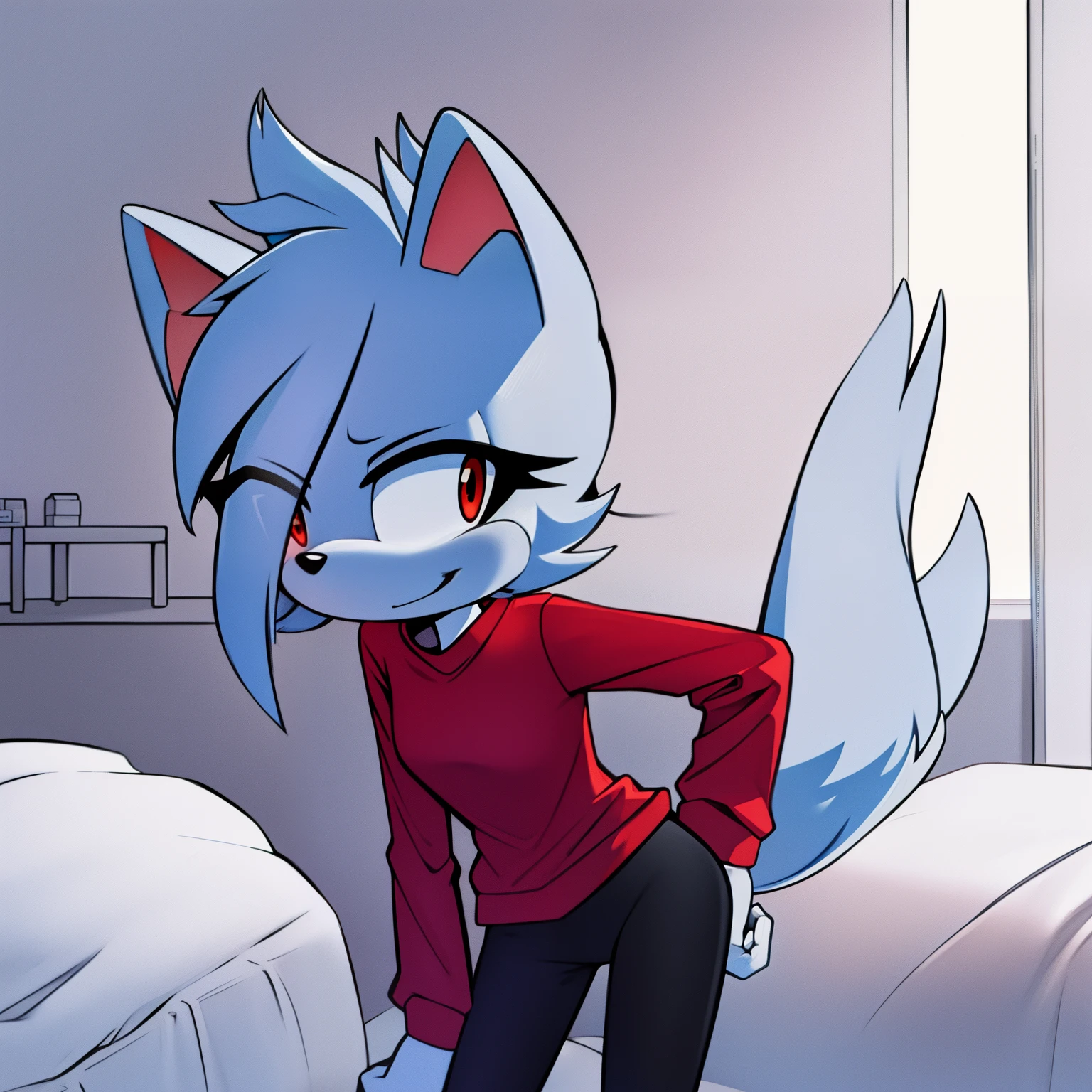 ((1girl)), ((solo)), female, mobian, fox, grayish white fur, furry, leaning forward with one hand on hip, sassy pose, comfy red shirt with black long sleeves, comfy black leggings, long grayish white hair, hair over shoulders, red eyes, cat like muzzle, hair bangs, red eyes, smile, sleepy, comfy, looking at viewer, (background comfy looking bedroom), (best quality)
