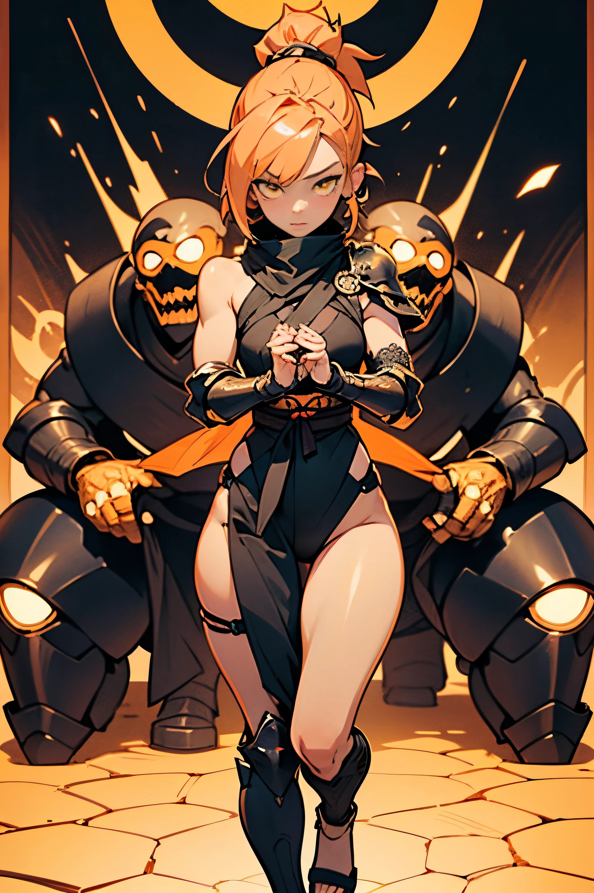 [Shinjuku background at night],(HENTAI ANIME) (Japanese NINJA Girl (Beauty) ) petite and muscular [Slim & fit body], Short Bob Cut,([hornet] Orange Ninja Battle Armor) scarf [stall] ((Fitting rubber inner) [honeycomb] [edg]) hair adornments (Dull metallic luster:0.8),gravure [KUNOICHI],(Perfectly proportioned),Ideal color coordination),(Intricate and beautiful decoration (Dense detail)),[Perfect hand details],(Beautiful perfect face, yellow eyes, yellow irises, [Perfect eye details, [Full body like], fit thighs, thigh gap,[[Desaturation]], pretty hands, perfect fingers