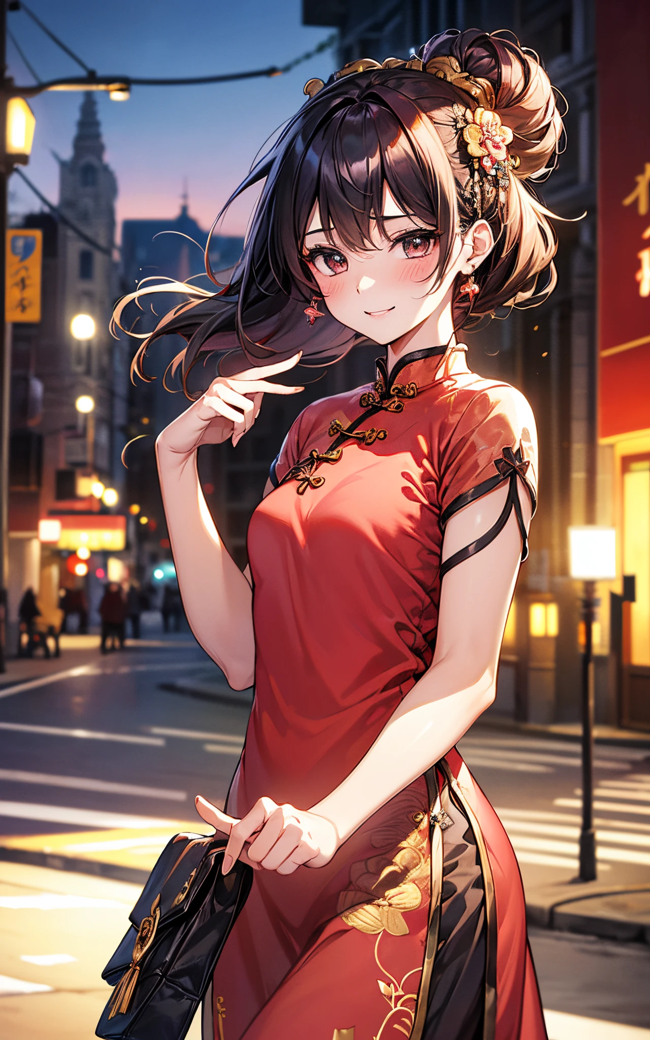 top-quality、hight resolution、​masterpiece、super precision、８K、(1人の女性)、8 head body、
Colorful、Fine skin、
Beautie、Bright expression、A slight smil、red blush、plump eyes、
(((Luxury cheongsam)))、(((Pedras preciosas)))、
（realistic background）、Spring Street Corner、Crowds、natta、writing、kirakira、
Watching the viewer、
(((Keeping hair together、hair adornments)))、Hide your fingertips