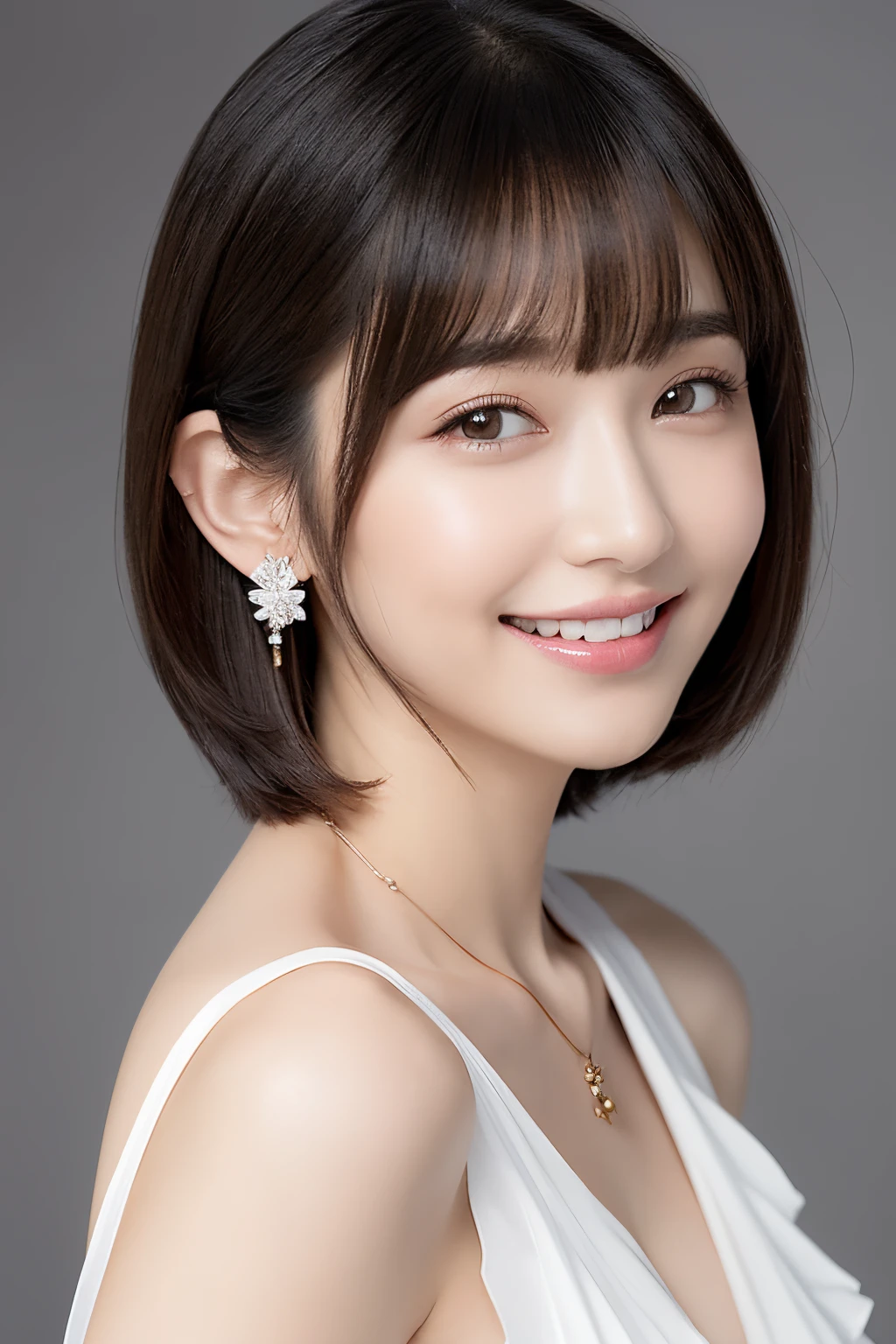 sexy pose, (top-quality, masterpiece, hight resolution), Beautiful 30 year old woman。slender、She wears a white off-the-shoulder with white ruffles that only hide her breasts。Put your shoulders out、kindly smile、Show your teeth a little。Short bob hair、(Bob on the shoulder、straight haired、Straight bangs、On-eyebrow bangs)、stick out only one ear、foco nítido、(电影灯光)、鎖骨、ear ornament、a necklace、Light gray background