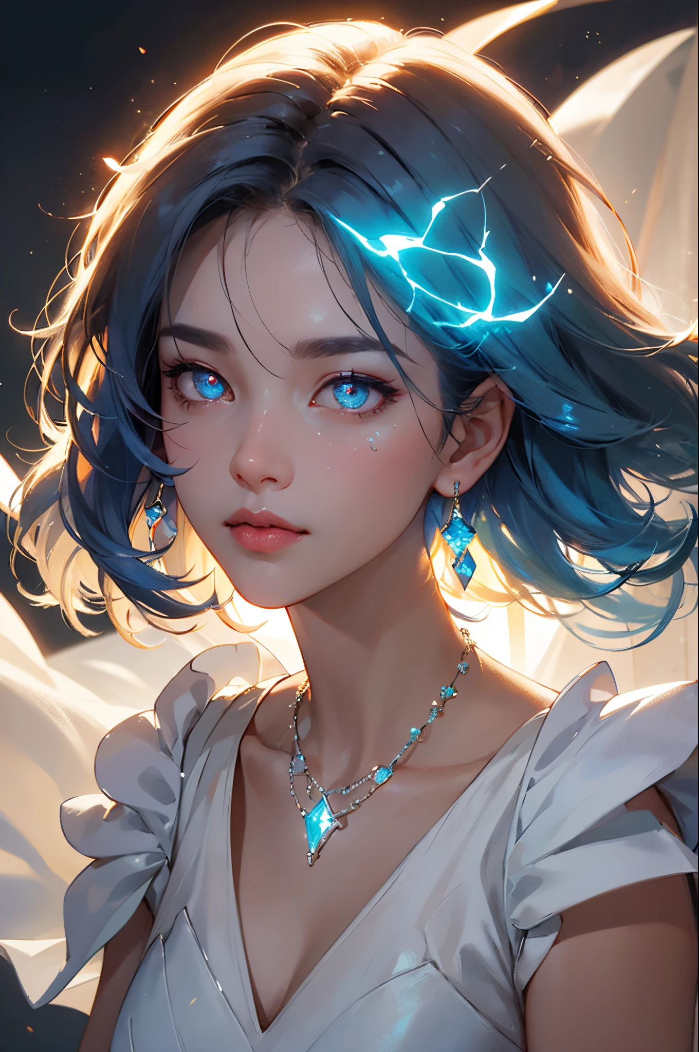 masterpiece, best quality, illustration, sax blue, platinum earrings, platinum necklace, white dress, 1girl, cute, (dynamic lighting:1.2), cinematic lighting, delicate facial features, detailed eyes, sharp pupils, realistic pupils, depth of field, bokeh, sharp focus, (hyper-detailed, bloom, glow:1.4), many small gems