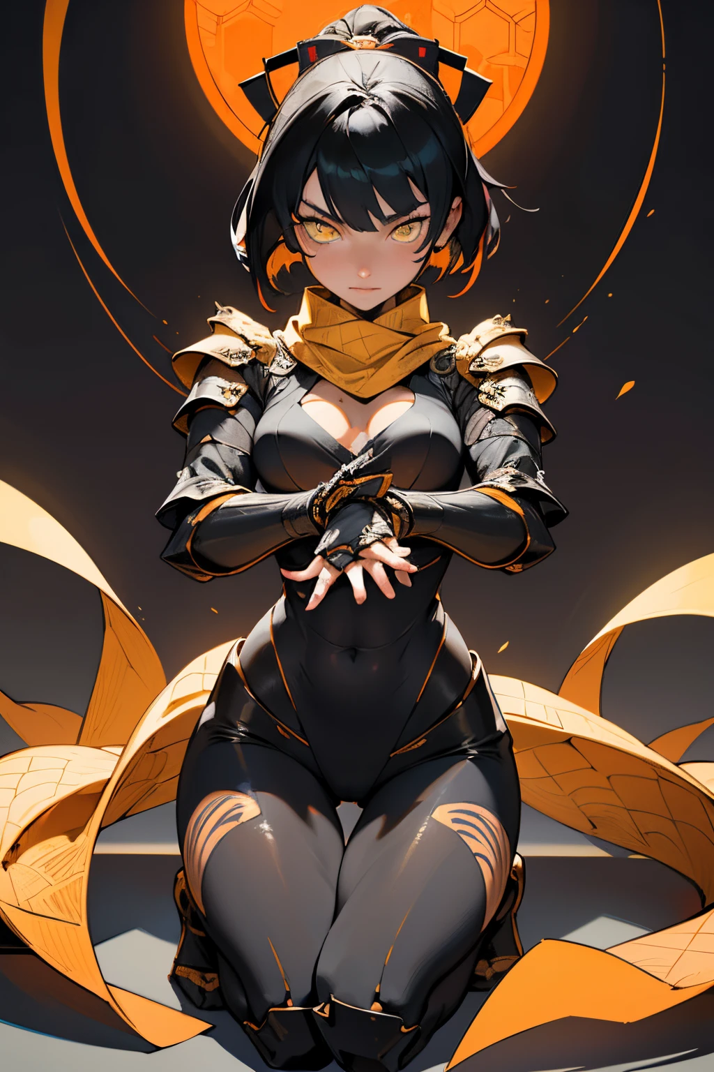 [Shinjuku background at night],(HENTAI ANIME) (Japanese NINJA Girl (Beauty) ) petite and muscular [Slim & fit body], Short Bob Cut,([hornet] Orange Ninja Battle Armor) scarf [stall] ((Fitting rubber inner) [honeycomb] [edg]) hair adornments (Dull metallic luster:0.8),gravure [KUNOICHI],(Perfectly proportioned),Ideal color coordination),(Intricate and beautiful decoration (Dense detail)),[Perfect hand details],(Beautiful perfect face, yellow eyes, yellow irises, [Perfect eye details, [Full body like], fit thighs, thigh gap,[[Desaturation]], pretty hands, perfect fingers