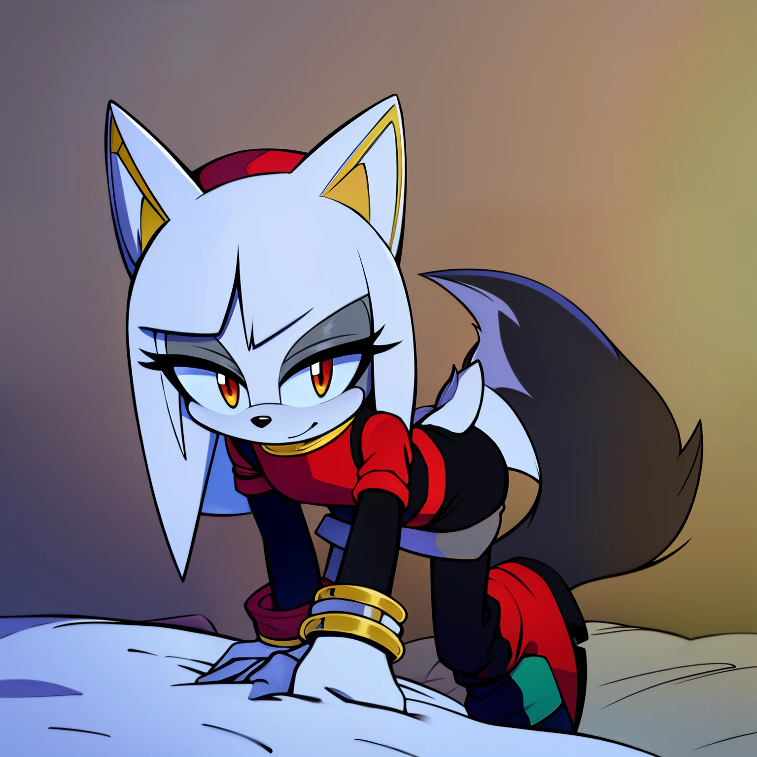 ((1girl)), ((solo)), female, mobian, fox, grayish white fur, furry, leaning forward with one hand on hip, sassy pose, comfy red shirt with black long sleeves, comfy black leggings, long hair, hair over shoulders, black red and yellow boots, white gloves with yellow cuffs, red eyes, cat like muzzle, hair bangs, red eyes, smile, sleepy, comfy, looking at viewer, (background comfy looking bedroom), (best quality)
