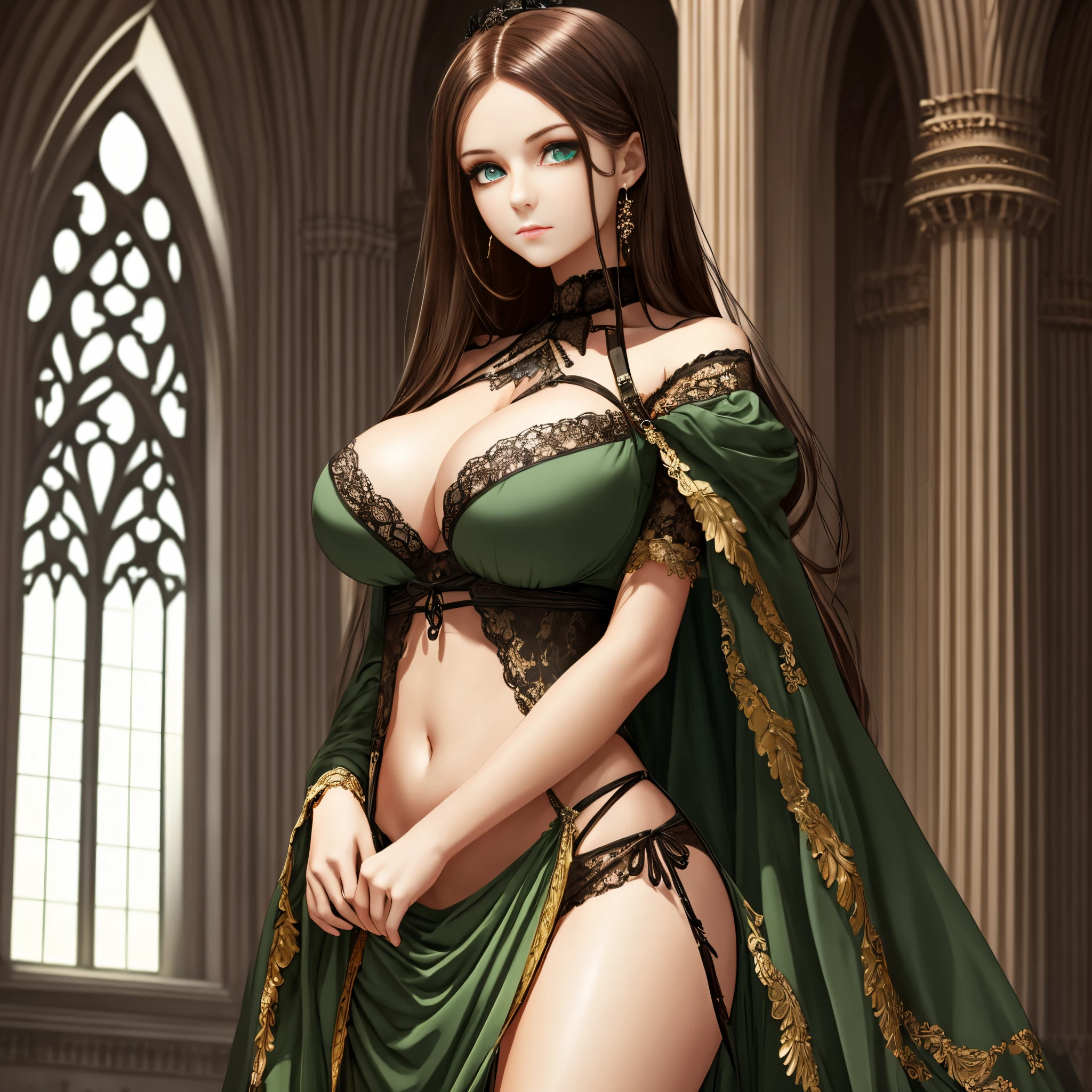 1 girl, young, very beautiful appearance, dark green eyes, light brown hair, slim build, big breasts, palace, gothic architecture style.