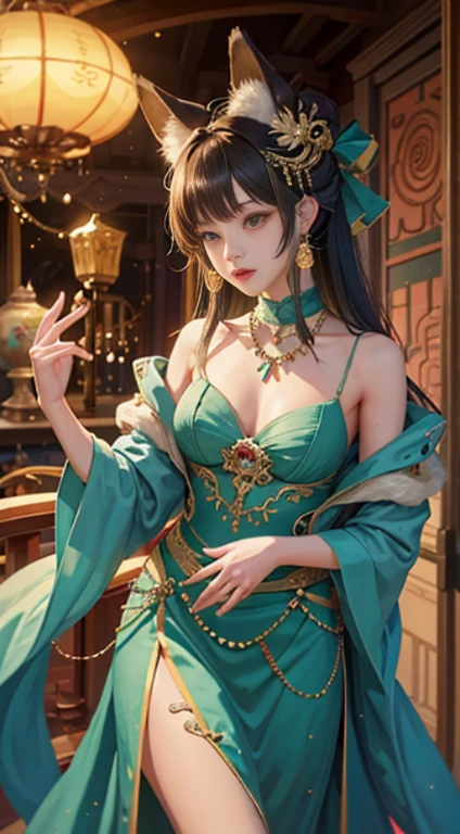 Yu Shuxin is a Huli Jing or, Se preferir, a young tailed fox who is able to change shape, frequentemente optando por apresentar-se como uma bela mulher, and likes to charm and play tricks on humans. muito bonita, fox ears on the head and a beautiful fox tail,muito bonita,segurando um leque,sentanda em uma pedra na floresta,arte detalhada