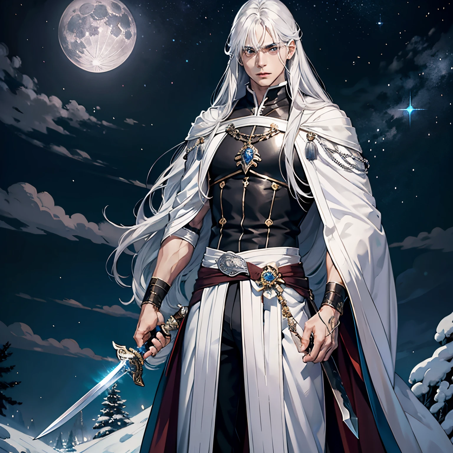 tmasterpiece, Best quality, hyper-detailing, CG illustration, Proper shading, Best quality at best,8K,tmasterpiece,Master illustration,Full-body art,Colorful,1人,One guy,The skin is pitifully white,Silvery-white skin,mtu,It looks beautiful,Feminine,carrying swords on his back,pronouncing a spell,Round pupils,Long gray hair,long layered silvery white hair,Long hair and waist,through bangs,Shirtless,half size,bird feather cloak,bangle,long sword,Tall guy,elegant standing pose,Stand in the moonlight,assassins,swordsman,The beautiful,Handsome,Incredibly handsome,shorter pants