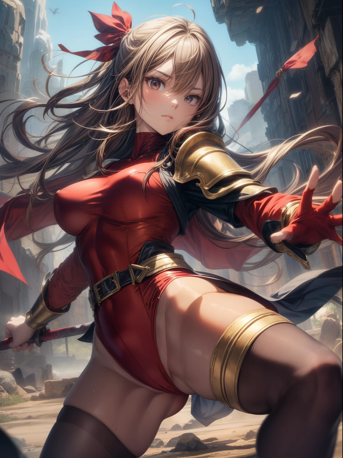 top-quality、Full limbs、complete fingers、Slender beauty、straight haired、Brown hair、((red high neck long sleeve leotard:1.3))、leotard with golden emblem、(Brown pantyhose:1.3)、red cloak、Western armor、Iron breastplate、Iron shoulder rest、Iron Gauntlet、Iron shin pad、Beautiful Large Breasts、caves、in fighting、Serious face、((Swinging a sword while running))