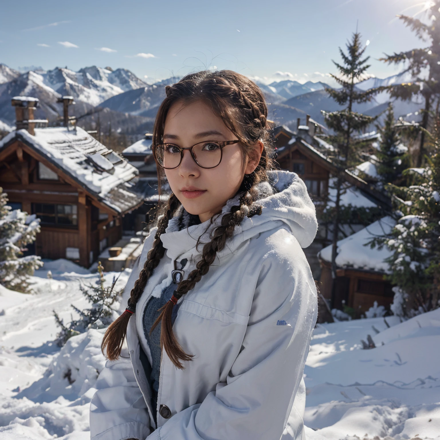 Young girl, braided hair, brown hair, with glasses, 4k, michelle chang, in a mountain, winter, snow mountain, winter trees behind, 4k