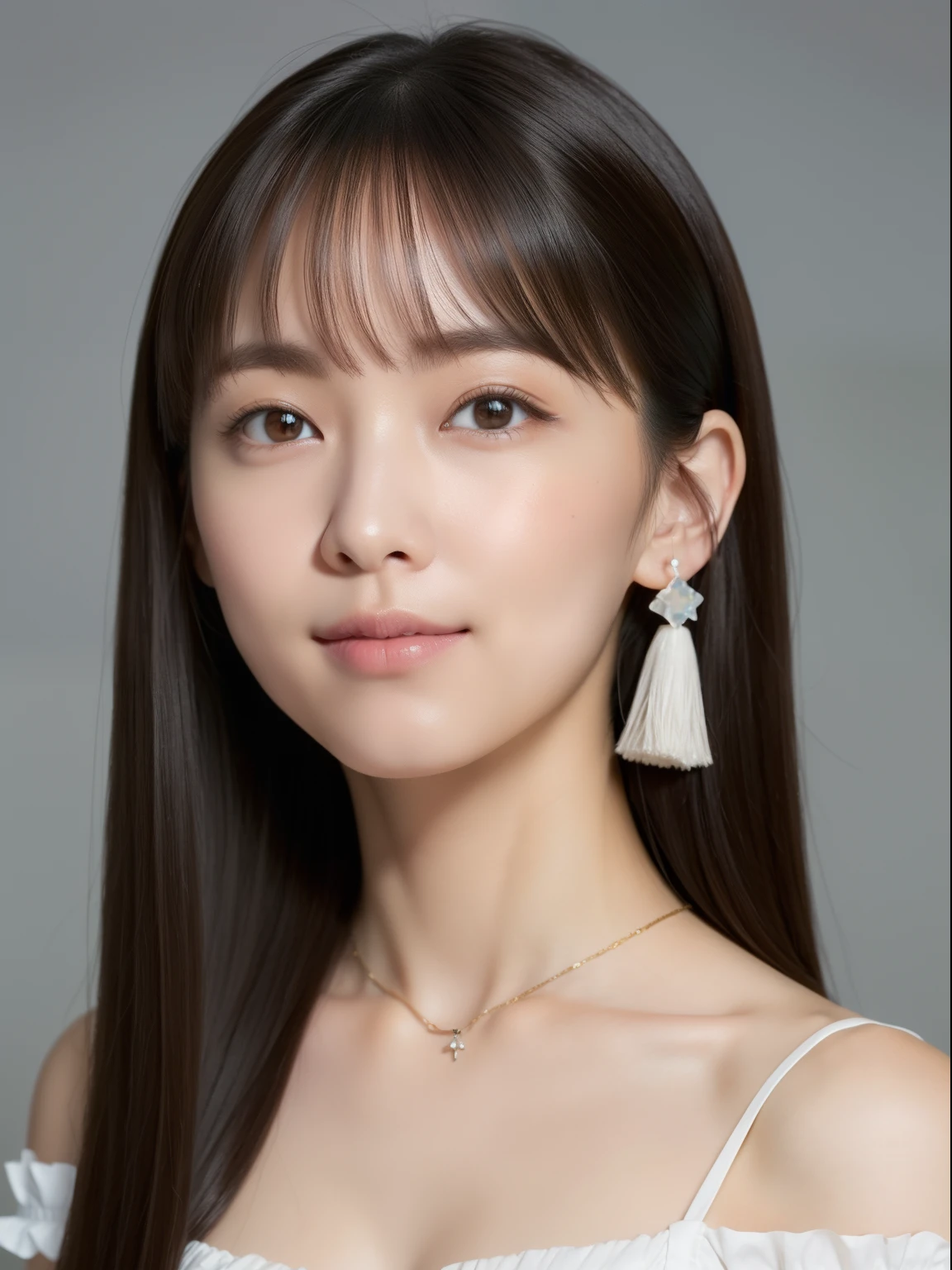 (top-quality, masterpiece, hight resolution), Beautiful 20 year old woman。She wears a white off-the-shoulder with white ruffles that only hide her breasts。Put your shoulders out、kindly smile、Show your teeth a little。straight haired、(Semi-long to the shoulders、straight haired、Straight bangs、On-eyebrow bangs)、stick out only one ear、foco nítido、(电影灯光)、鎖骨、ear ornament、a necklace、Light gray background