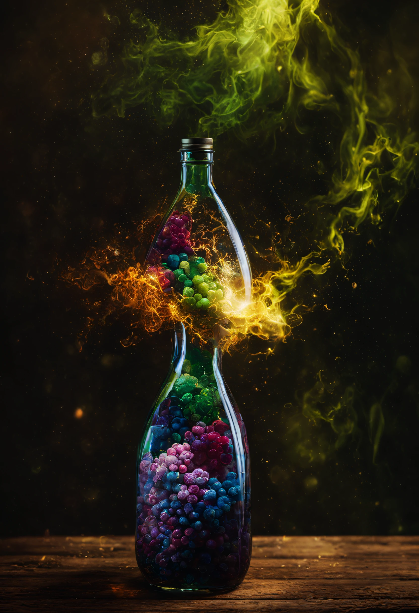 (An intricate Universe, landscape trapped in a bottle), atmospheric oliva lighting, on the table, 4k UHD, dark vibes, hyper detailed, vibrant colours, epic composition, octane render, sharp focus, high resolution isometric, Leonardo Da Vinci style.