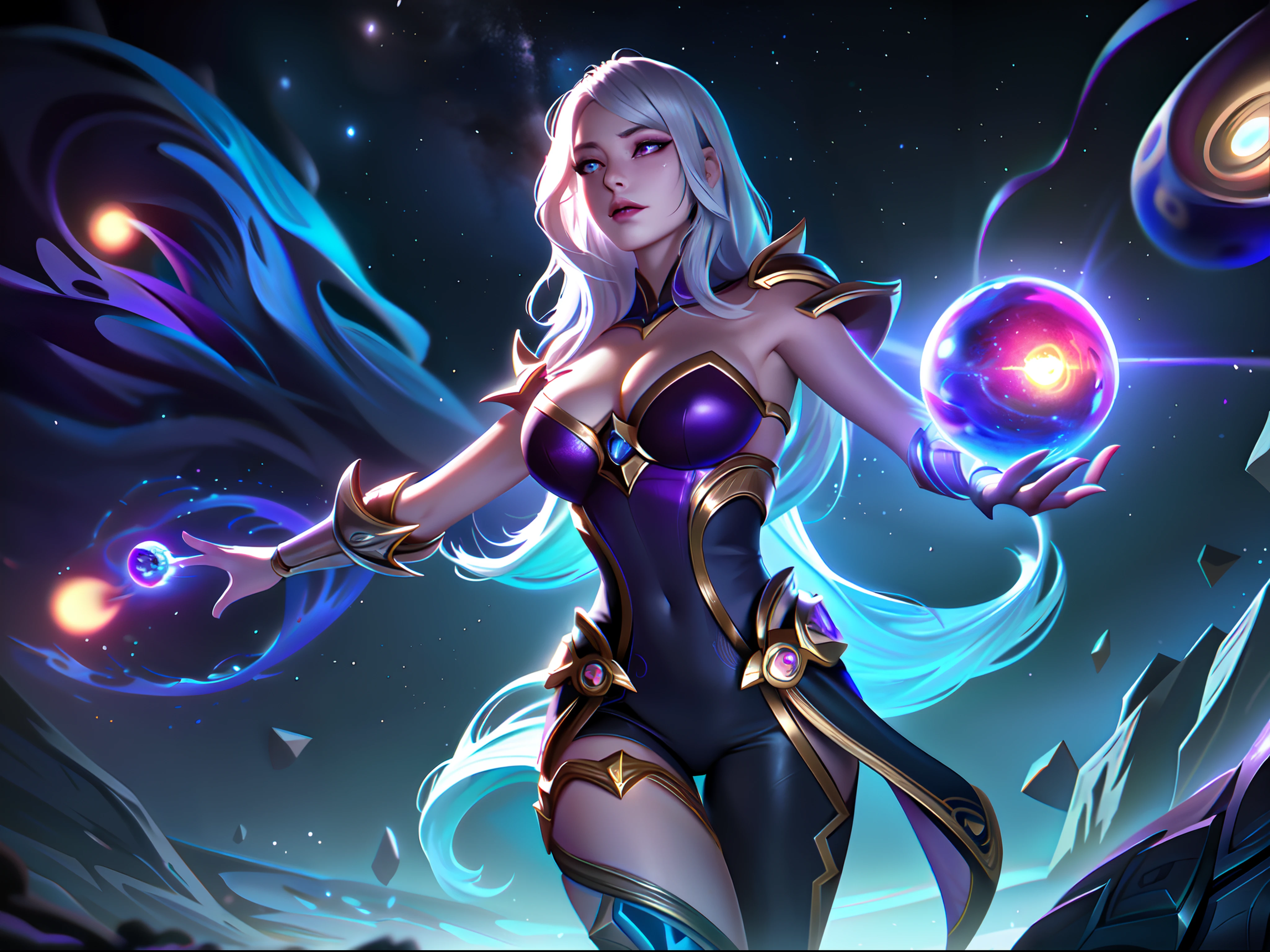 (League of Legends:1.5),Astrid, the Graviton Slinger, is depicted in her splashart as a powerful and enigmatic force, wielding her gravitational manipulation abilities with mastery. The scene takes place in a celestial realm, where stars and cosmic energy illuminate the vastness of space.

Astrid possesses an otherworldly beauty, with flowing silver-white hair that seems to shimmer with the brilliance of distant stars. Her skin has a faint celestial glow, radiating with the power she commands. She wears a sleek, futuristic suit adorned with intricate patterns that resemble constellations and gravitational fields. The suit hugs her figure, emphasizing her strength and agility.

In the center of her palms, Astrid generates orbs of gravitational energy, each pulsating with vibrant hues of purple and blue. These energy orbs form the foundation for her gravitational abilities. Surrounding her, smaller orbs and filaments of energy spin and orbit, representing the gravitational fields she creates and manipulates.

Astrid's eyes emit an intense, piercing gaze, glowing with the same gravitational energy that courses through her. Her expression conveys both focus and determination, revealing her unwavering control over the forces she wields.

The backdrop of the splashart showcases the vast expanse of space, filled with distant galaxies and nebulae. Ethereal strands of gravitational energy weave through the cosmos, forming intricate patterns and connecting celestial bodies. The scene creates a sense of awe and wonder, as Astrid harnesses the fundamental forces of the universe.

The color palette is dominated by deep purples, blues, and blacks, reflecting the cosmic nature of Astrid's powers. The vibrant energy orbs stand out against the dark backdrop, adding a dynamic and captivating element to the splashart, splashart, linhas de corpo, cores vibrantes, detalhes requintados, cinemactic, artstation, rosto detalhado, por rossdraws, por Kienan Laf,normal hands,holding ball,