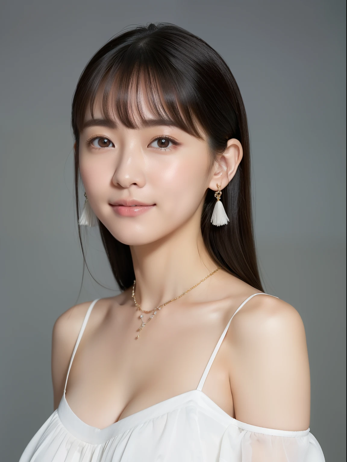 (top-quality, ​masterpiece, hight resolution), Beautiful 20 year old woman。She wears a white off-the-shoulder with white ruffles that only hide her breasts。Put your shoulders out、kindly smile、Show your teeth a little。straight haired、(Semi-long to the shoulders、straight haired、Straight bangs、On-eyebrow bangs)、stick out only one ear、foco nítido、(电影灯光)、鎖骨、ear ornament、a necklace、Light gray background