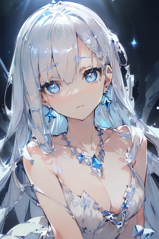 (best quality,illustration,sax blue,platinum earrings,platinum necklace,white dress,1girl,cute,dynamic lighting:1.2,movie-like lighting,detailed facial features,detailed eyes,sharp pupils,realistic pupils,depth of field,bokeh,sharp focus,ultra-detailed,bloom,glow:1.4),many small gemstones