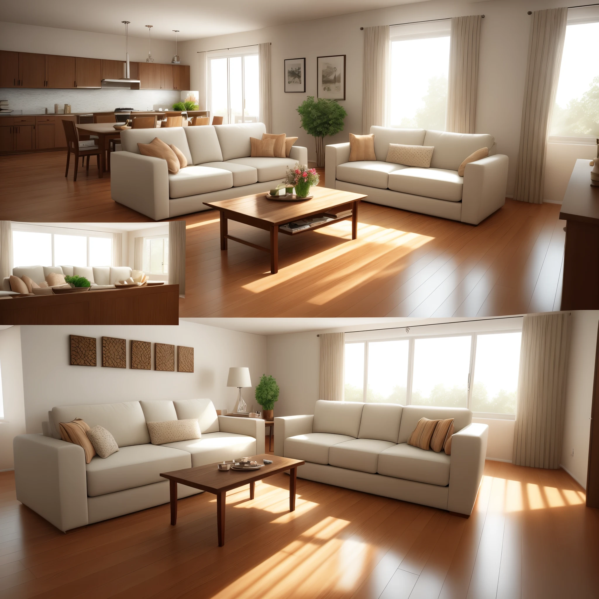Interior design，Make a living room renderings，Sunlight shines into the living room from the balcony，Creamy style living room，Soft sofa