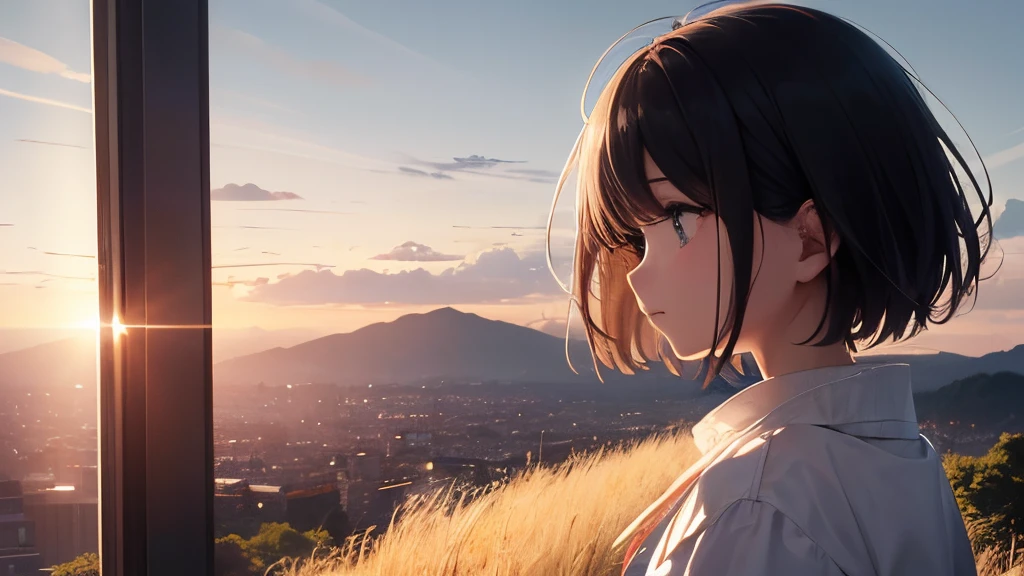 absurderes、hight resolution、(Beautifully Aesthetic:1.2)、short-cut,Close View、morning, shining sky、Vast world、girl with、Staring、awe-inspiring expression、Distant horizon、云、High hills、城市、inspiration、Light Effects、