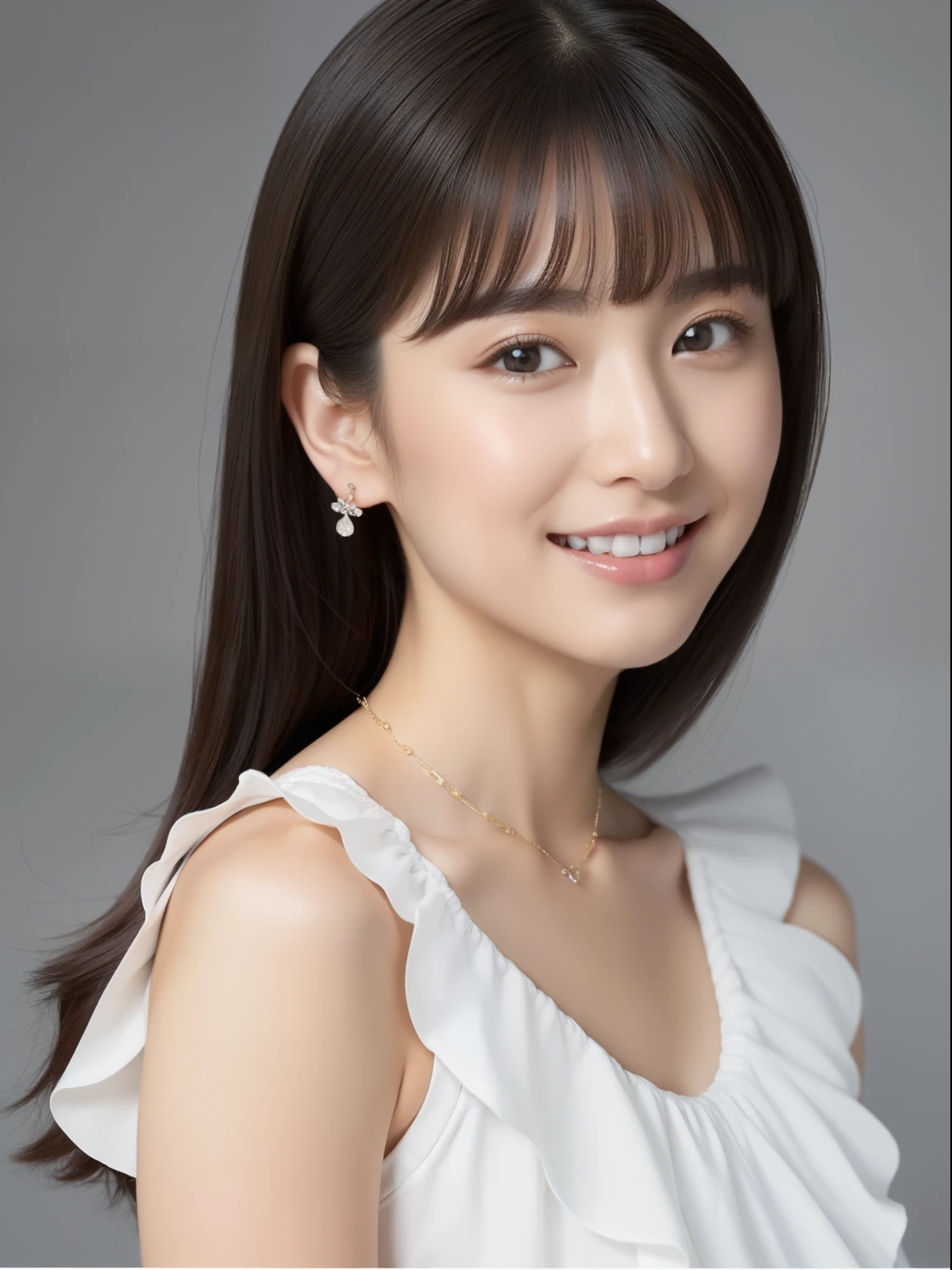 (top-quality, ​masterpiece, hight resolution), Beautiful 20 year old woman。She wears a white off-the-shoulder with white ruffles that only hide her breasts。Put your shoulders out、kindly smile、Show your teeth a little。straight haired、(Semi-long to the shoulders、straight haired、Straight bangs、On-eyebrow bangs)、stick out only one ear、foco nítido、(电影灯光)、鎖骨、ear ornament、a necklace、Light gray background