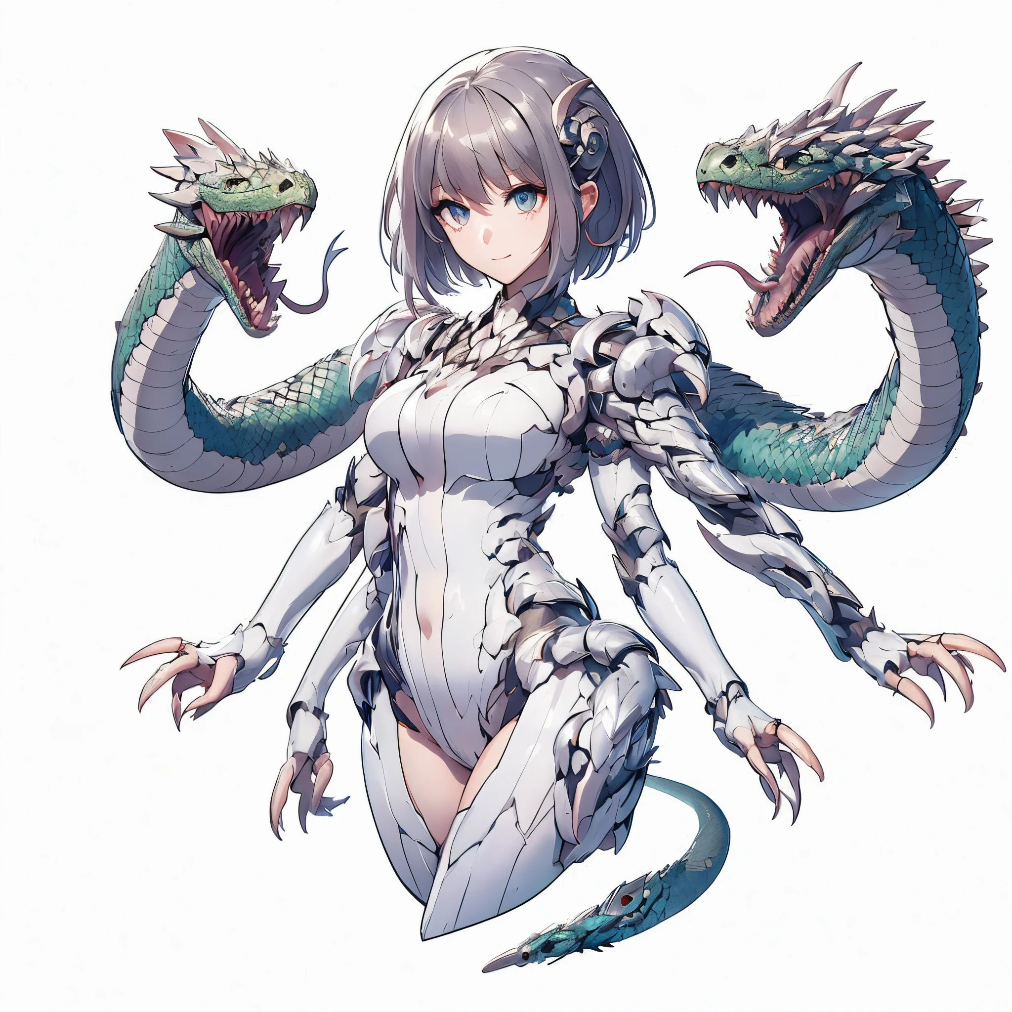 A beautiful girl who has fused with a  Kaiju. She is a reptilian element. Two snakes jump from her back. Both hands become weapons. armored body.