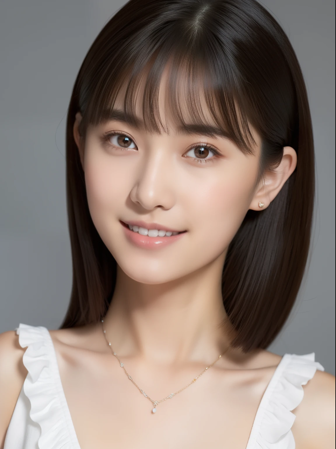 (top-quality, masterpiece, hight resolution), Beautiful 20 year old woman。She wears a white off-the-shoulder with white ruffles that only hide her breasts。Put your shoulders out、kindly smile、Show your teeth a little。straight haired、(Semi-long to the shoulders、straight haired、Straight bangs、On-eyebrow bangs)、stick out only one ear、foco nítido、(电影灯光)、鎖骨、ear ornament、a necklace、Light gray background
