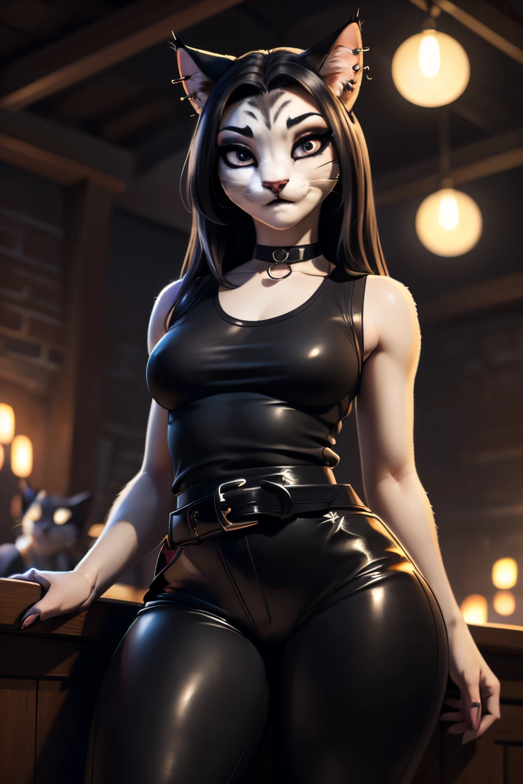 ((ultra quality)), ((tmasterpiece)), Girl-khajiit, goth, anthro cat, furry,, ((Black long hair)), ((there are piercings and rings in the ears)), ((there are only cat ears)), ((There is a cat's long tail in the back)), Beautiful cute face, beautiful female lips, charming beauty, ((sexy facial expression)), looks at the camera with his eyes slightly closed, ((Skin color: white)), ((there is cat hair on the body)), Body glare, ((detailed beautiful female eyes)), ((kblack eyes)), ((dark makeup)), beautiful female hands, ((perfect female figure)), ideal female body shapes, Beautiful waist, nice feet, big thighs, Beautiful butt, ((Subtle and beautiful)), seductively leaning on the bar table ((closeup face)), ((wearing black leather pants with a black belt, black sleeveless tank top, black choker around the neck, black boots with a large platform), background: night club a lot of crowd noisy party, ((Depth of field)), ((high quality clear image)), ((crisp details)), ((higly detailed)), Realistic, Professional Photo Session, ((Clear Focus)), ((cartoon)), the anime, NSFW