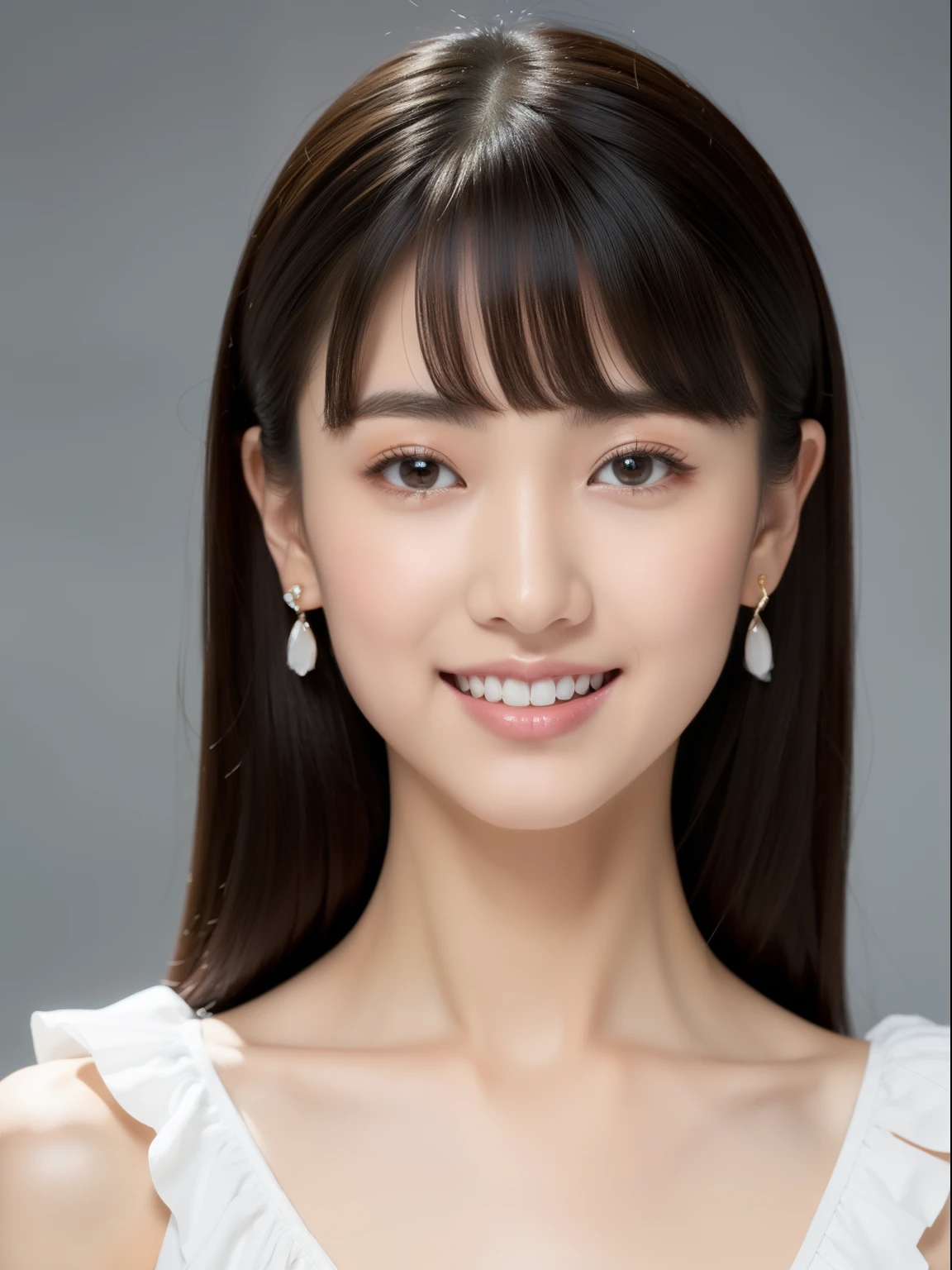 (top-quality, masterpiece, hight resolution), Beautiful 20 year old woman。She wears a white off-the-shoulder with white ruffles that only hide her breasts。Put your shoulders out、kindly smile、Show your teeth a little。straight haired、(Semi-long to the shoulders、straight haired、Straight bangs、On-eyebrow bangs)、stick out only one ear、foco nítido、(电影灯光)、鎖骨、ear ornament、a necklace、Light gray background