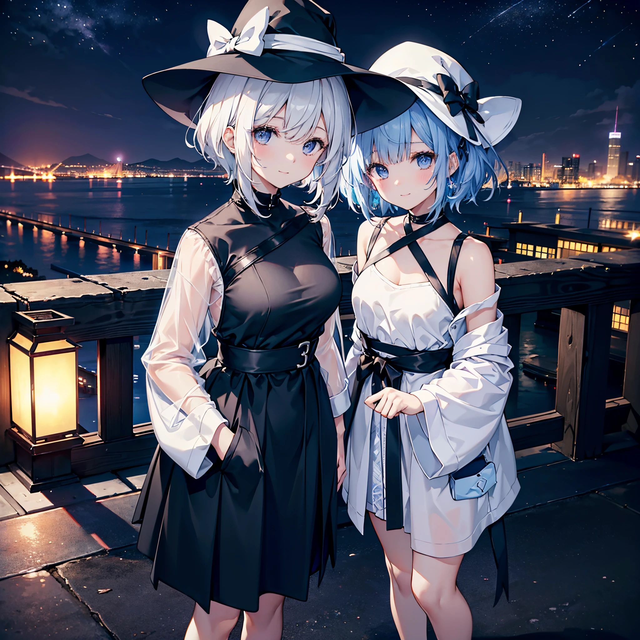 This is the rooftop of a skyscraper in the city.、It&#39;s late at night now.、You can see the night view of many low buildings in the background.、Photograph them from above、Small moon and starry sky、You can see the beautiful sea with the moonlight reflecting in the distance.、She was a 27-year-old woman with small breasts and loose, fluffy pure white short hair.、One is a 31-year-old woman with small breasts and dark blue-purple lob hair.、The two are having fun、street snap、Sheer feeling、Beautuful Women、Looking at me with a smile、She wears a large black witch hat with sapphire accessories、Dark blue-purple medium short hair with white mesh and loose lob hair、Blue eyes with highlights、she is wearing a white t-shirt、She is wearing a long black coat over a white t-shirt、The front of the black long coat is open、She is wearing a black knee-length box pleated skirt、Black sneakers with white shoelaces、small tits、discreet breasts、A fragile smile、hiquality、High Details、high-level image quality、4K picture quality、beatiful backgrounds,drawn by Japanese ilastrator