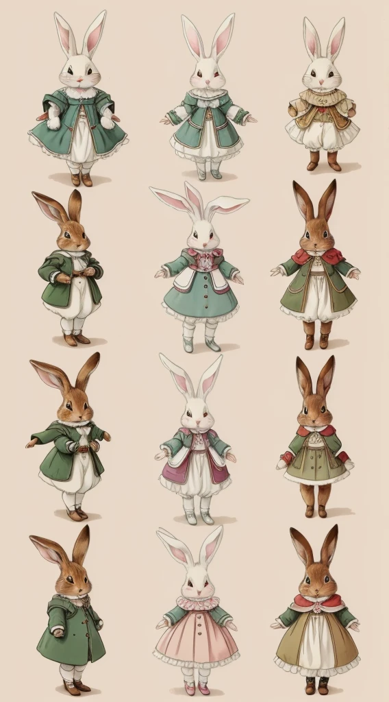 An ultra-high picture quality、Super delicate、Character design drawings、Full body like、Multiple Pose、Multiple facial expressions、((Anthropomorphic cute rabbit))、Cute characters from fairy tales、Cute rabbit in coat、18th century French clothing、Muted colors、
