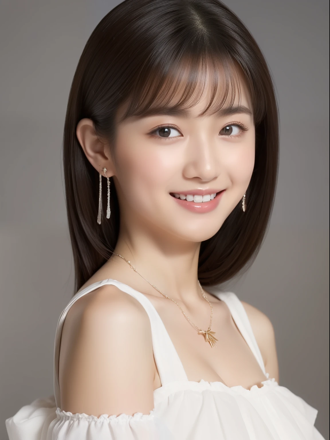 (top-quality, ​masterpiece, hight resolution), Beautiful 20 year old woman。She wears a white off-the-shoulder with white ruffles that only hide her breasts。Put your shoulders out、kindly smile、Show your teeth a little。straight haired、(Semi-long to the shoulders、straight haired、Straight bangs、On-eyebrow bangs)、stick out only one ear、foco nítido、(电影灯光)、鎖骨、ear ornament、a necklace、Light gray background