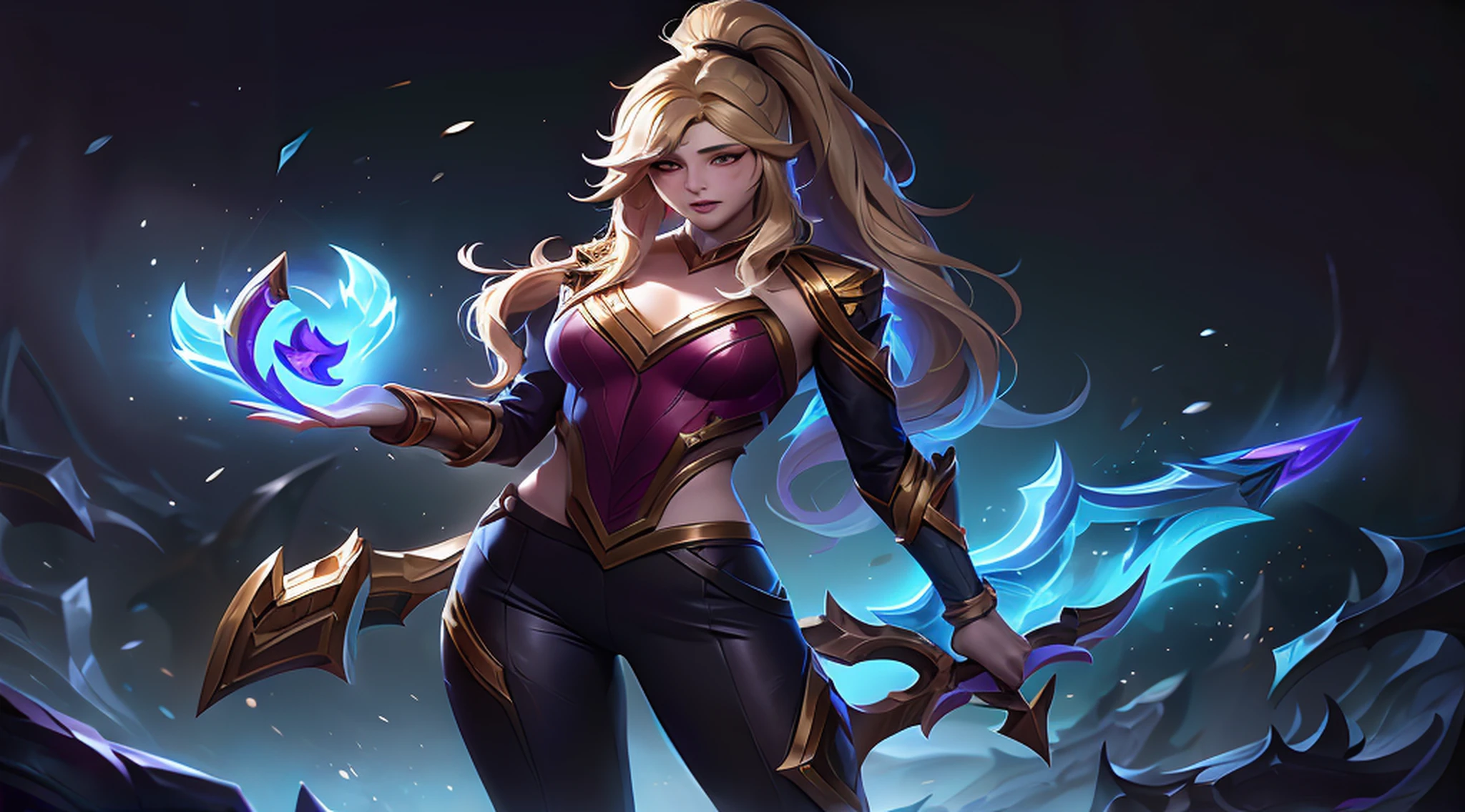 (Liga das Lendas:1.5),Legendary skins,pele empyrean lux, 1girl, sozinho, cabelos longos, franja, blonde hair, rabo-de-cavalo, arma, cabelos brancos, Pants, traje alternativo oficial, WMASK, brilhante, black pants