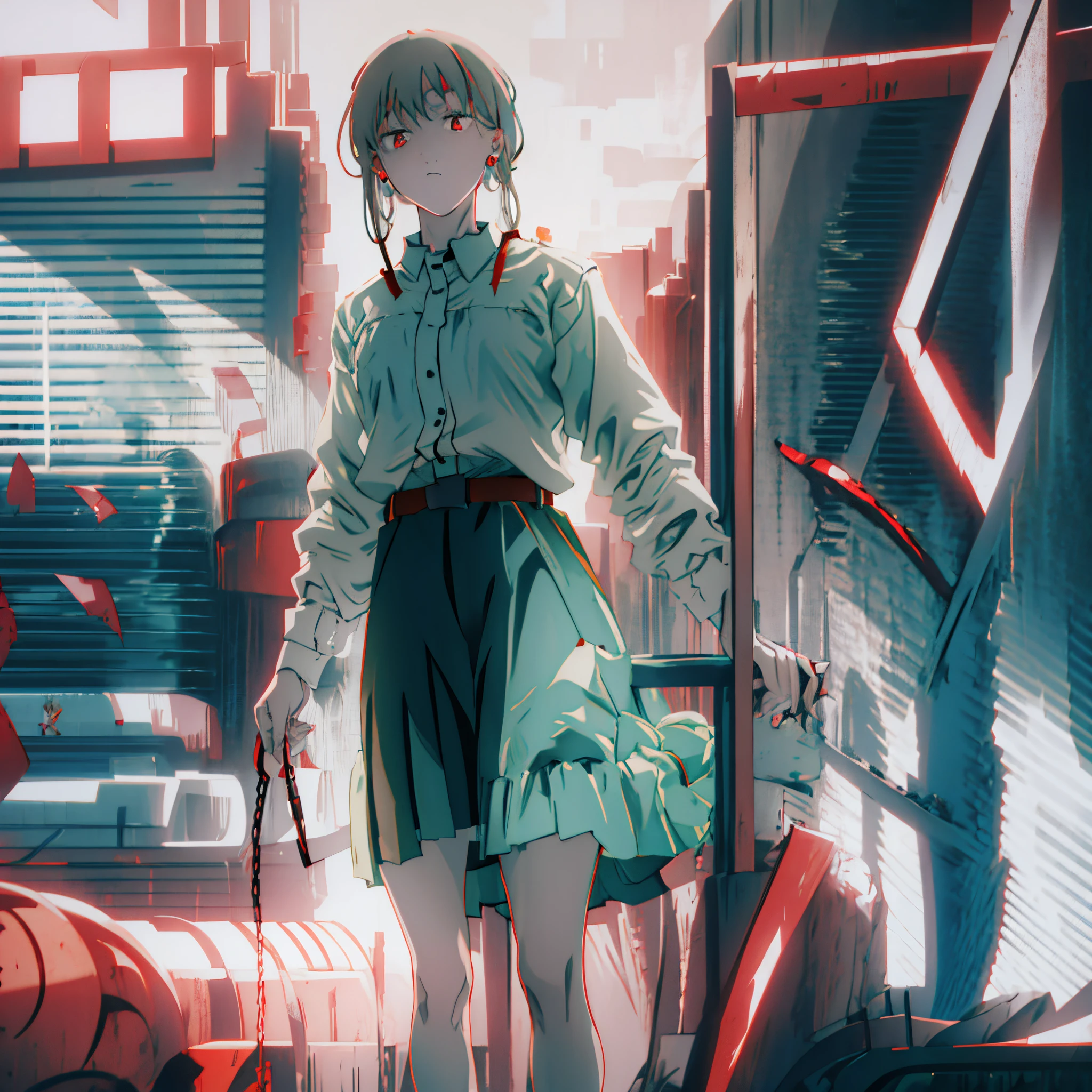 1girl, solo, fami \(chainsaw man\), light gray hair, red eyes, earrings, jewelry, expressionless, white dress shirt, black pleated skirt, belt