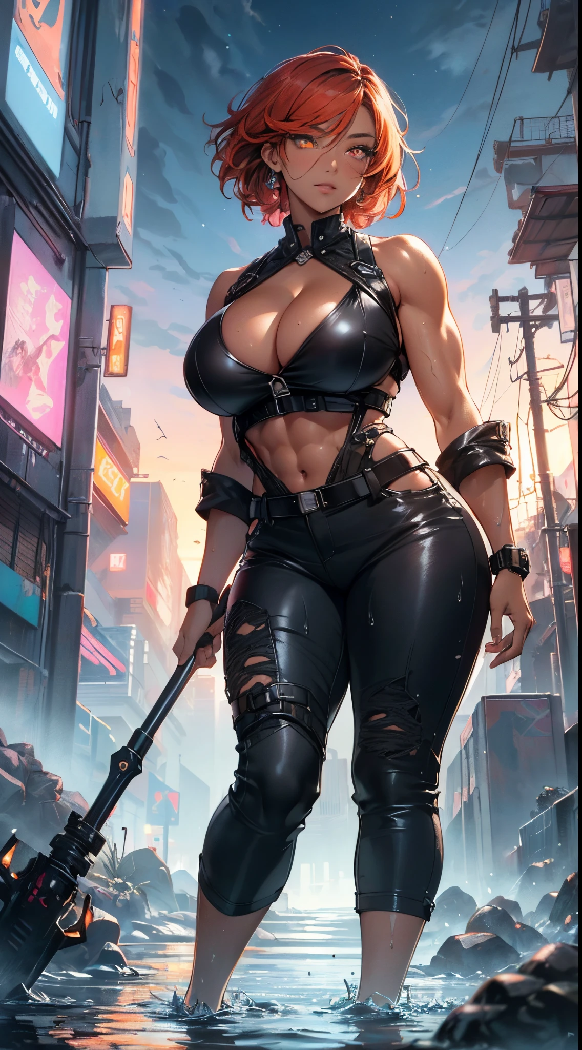 mechanical girl,(1girl:1.3),((1 black girl with extremely cute and beautiful red hair)),((((black race)))),

(big breasts: 1.4),sagging breasts,(((short red hair: 1.35,cropped,redhead,very short hair))),((heterochromia:1.5, (orange_eye and red_eye))),intricate eyes,beautiful detailed eyes,symmetrical eyes,(fat),((((tan,dark skin,black skin:1.35,dark-skinned_female,dark skin:1.3,ebony skin,lustrous skin:1.5,bright skin: 1.5,shiny skin,very shiny skin,shiny body,illuminated skin,wet legs)))),(spider lower abdomen,narrow waist,wide hip ,athletic body,inflated legs,detailed body,(detailed face)),((muscle legs)),((muscular thighs)),((muscular girl)),((strong and muscular,bodybuilder,strong body,muscular,feminine and muscular)),((ABS)),(huge stature,tall stature,very tall girl),

cute,slutty,sensual,seductive look,seductive,erotic,((nsfw)),

(fitted overalls:1.3,suit unbuttoned),((mechanical tools on his clothing,cyberpunk clothes)),(((huge cleavage))),((wet clothes,intricate outfit,intricate clothes)),

(dynamic pose:1.0),embarrassed,(centered,scale to fit dimensions,Rule of thirds),

cyberpunk city by the ocean at night, with bright neon signs and dark stormy clouds and puddles, scenery:1.25,nighttime, starry night, cosmos,Very dark night that makes the neon lights stand out, very bright neon lights,nighttime, starry night, cosmos,

artistic photography,(photography taken by sldr),highres, sharp focus,(ultra detailed, extremely detailed), (photorealistic artwork:1.37),(extremely detailed CG unity 8k wallpaper),((synthwave background theme)),(((vibrant colors))),intricate,(intricate background),(masterpiece),(best quality),perfect rendered face,perfect face details,realistic face,photo realistic,analog style,((intricate detail)),(((realism))),