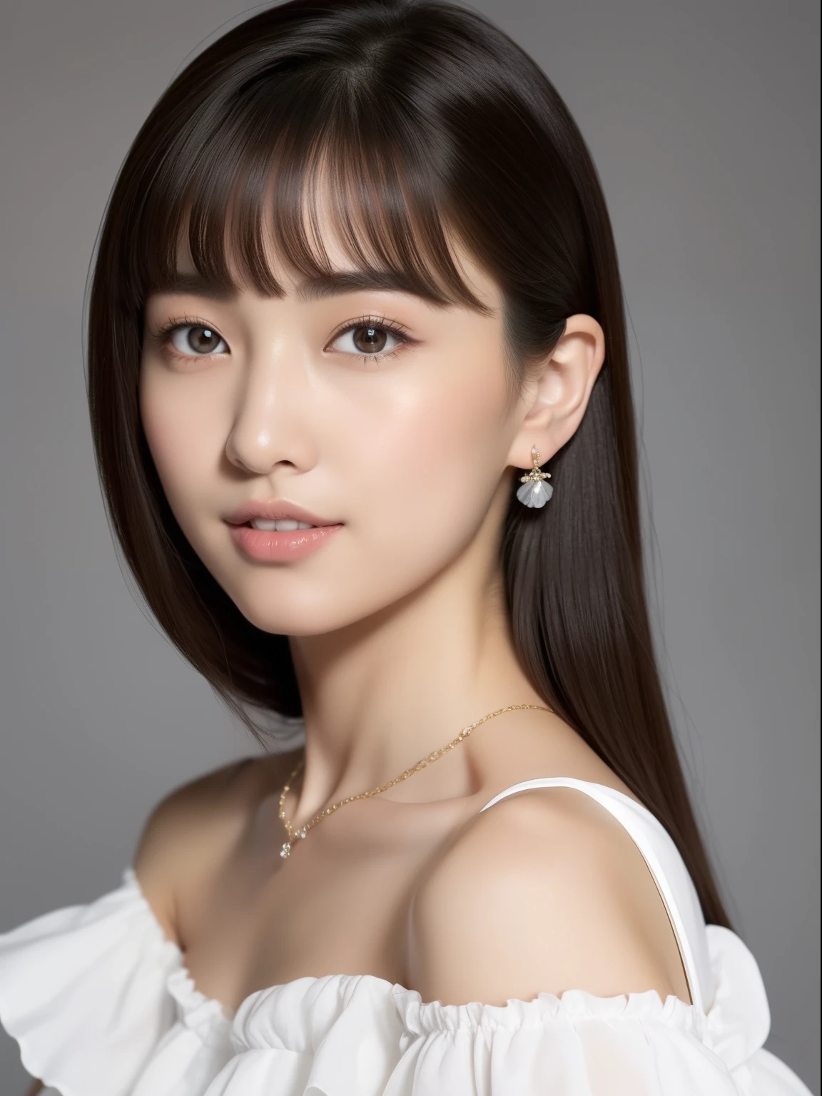 (top-quality, masterpiece, hight resolution), Beautiful 20 year old woman。She wears a white off-the-shoulder with white ruffles that only hide her breasts。Put your shoulders out、kindly smile、Show your teeth a little。straight haired、(Semi-long to the shoulders、straight haired、Straight bangs、On-eyebrow bangs)、stick out only one ear、foco nítido、(电影灯光)、鎖骨、ear ornament、a necklace、Light gray background