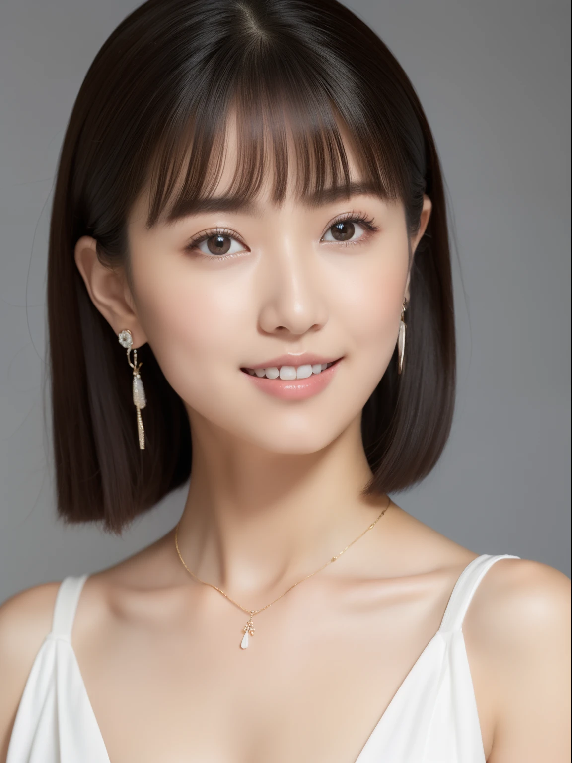 (top-quality, masterpiece, hight resolution), Beautiful 20 year old woman。She wears a white off-the-shoulder with white ruffles that only hide her breasts。Put your shoulders out、kindly smile、Show your teeth a little。straight haired、(Semi-long to the shoulders、straight haired、Straight bangs、On-eyebrow bangs)、stick out only one ear、foco nítido、(电影灯光)、鎖骨、ear ornament、a necklace、Light gray background