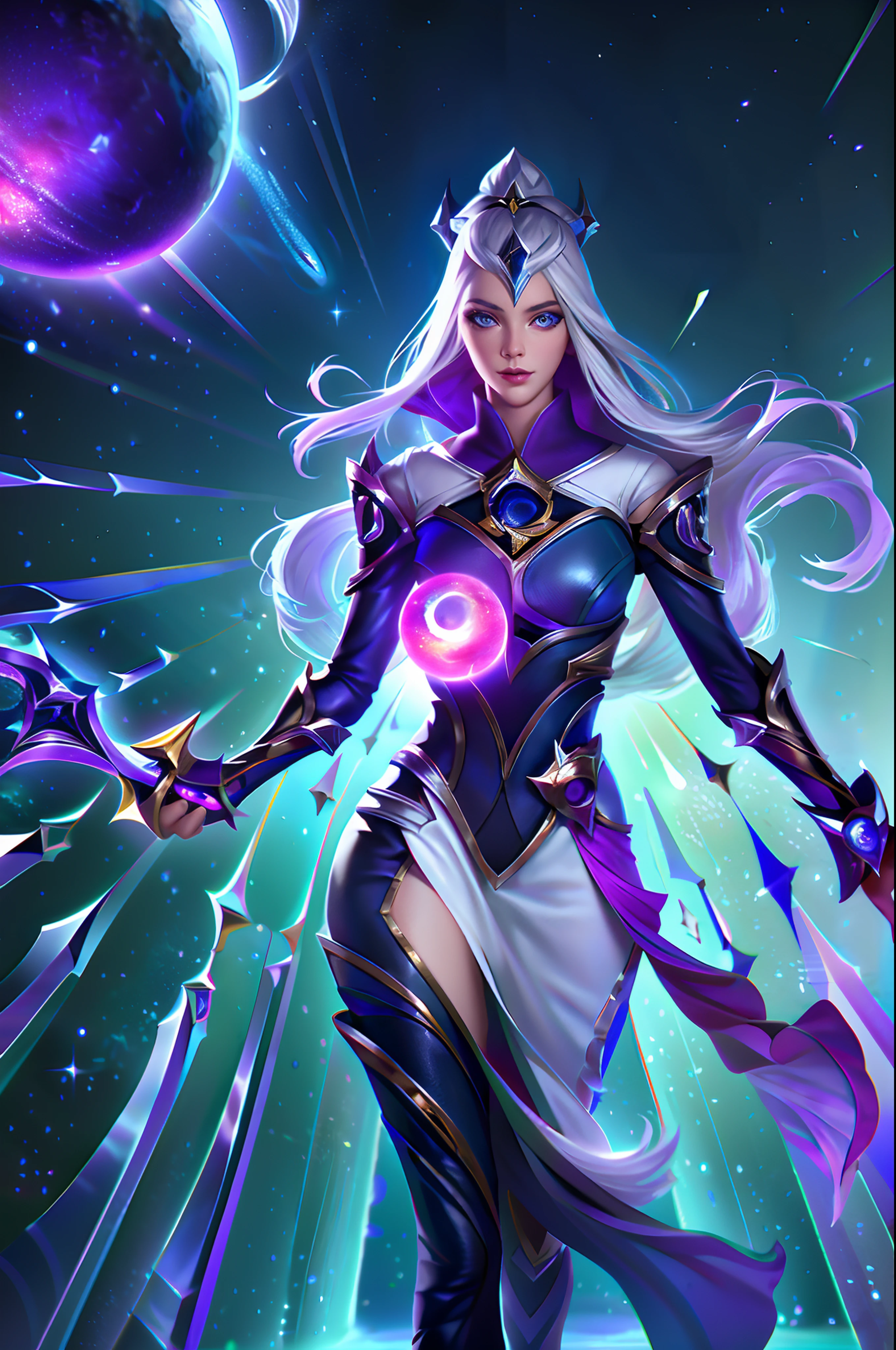 (League of Legends:1.5),Astrid, the Graviton Slinger, is depicted in her splashart as a powerful and enigmatic force, wielding her gravitational manipulation abilities with mastery. The scene takes place in a celestial realm, where stars and cosmic energy illuminate the vastness of space.

Astrid possesses an otherworldly beauty, with flowing silver-white hair that seems to shimmer with the brilliance of distant stars. Her skin has a faint celestial glow, radiating with the power she commands. She wears a sleek, futuristic suit adorned with intricate patterns that resemble constellations and gravitational fields. The suit hugs her figure, emphasizing her strength and agility.

In the center of her palms, Astrid generates orbs of gravitational energy, each pulsating with vibrant hues of purple and blue. These energy orbs form the foundation for her gravitational abilities. Surrounding her, smaller orbs and filaments of energy spin and orbit, representing the gravitational fields she creates and manipulates.

Astrid's eyes emit an intense, piercing gaze, glowing with the same gravitational energy that courses through her. Her expression conveys both focus and determination, revealing her unwavering control over the forces she wields.

The backdrop of the splashart showcases the vast expanse of space, filled with distant galaxies and nebulae. Ethereal strands of gravitational energy weave through the cosmos, forming intricate patterns and connecting celestial bodies. The scene creates a sense of awe and wonder, as Astrid harnesses the fundamental forces of the universe.

The color palette is dominated by deep purples, blues, and blacks, reflecting the cosmic nature of Astrid's powers. The vibrant energy orbs stand out against the dark backdrop, adding a dynamic and captivating element to the splashart, splashart, linhas de corpo, cores vibrantes, detalhes requintados, cinemactic, artstation, rosto detalhado, por rossdraws, por Kienan Laf,normal hands,holding ball,