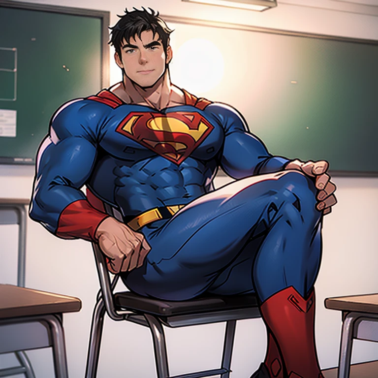Superman sitting with his legs apart on a folding chair with a large bulge giving a lecture in a classroom.