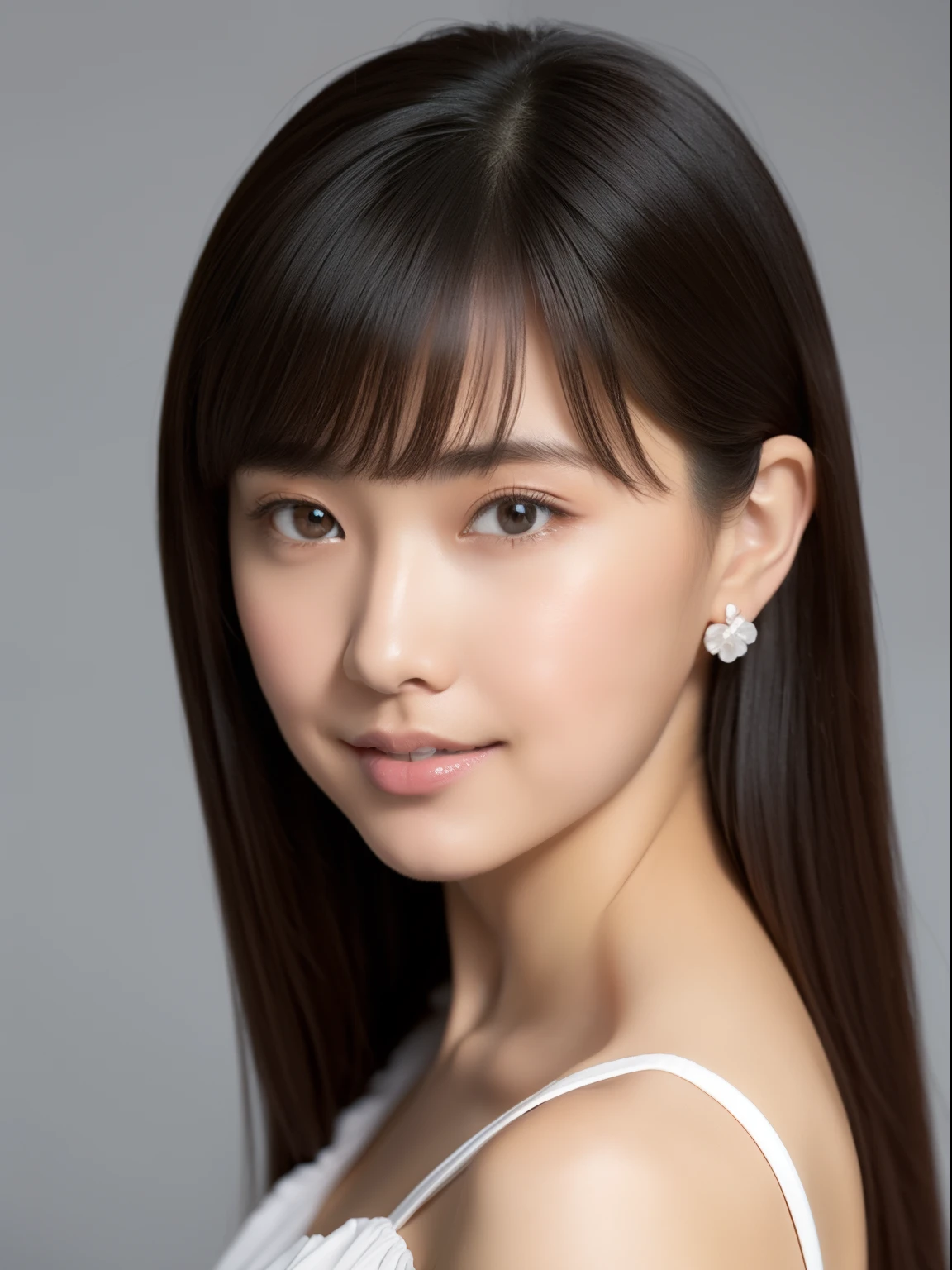 (top-quality, masterpiece, hight resolution), Beautiful 18 year old woman。She wears a white off-the-shoulder with white ruffles that only hide her breasts。Put your shoulders out、kindly smile、Show your teeth a little。straight haired、(Semi-long over the shoulder、straight haired、Straight bangs、On-eyebrow bangs)、stick out only one ear、foco nítido、(电影灯光)、鎖骨、ear ornament、a necklace、Light gray background