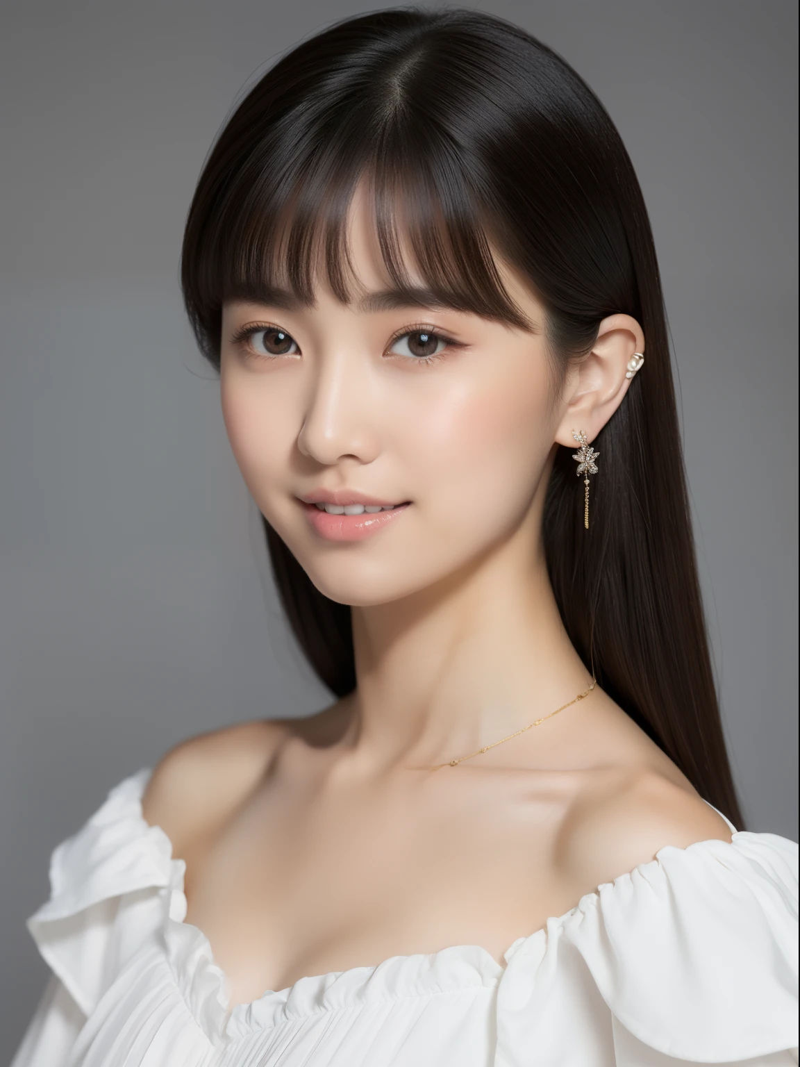 (top-quality, ​masterpiece, hight resolution), Beautiful 18 year old woman。She wears a white off-the-shoulder with white ruffles that only hide her breasts。Put your shoulders out、kindly smile、Show your teeth a little。straight haired、(Semi-long over the shoulders、straight haired、Straight bangs、On-eyebrow bangs)、Stick out only one ear、foco nítido、(电影灯光)、鎖骨、ear ornament、a necklace、Light gray background