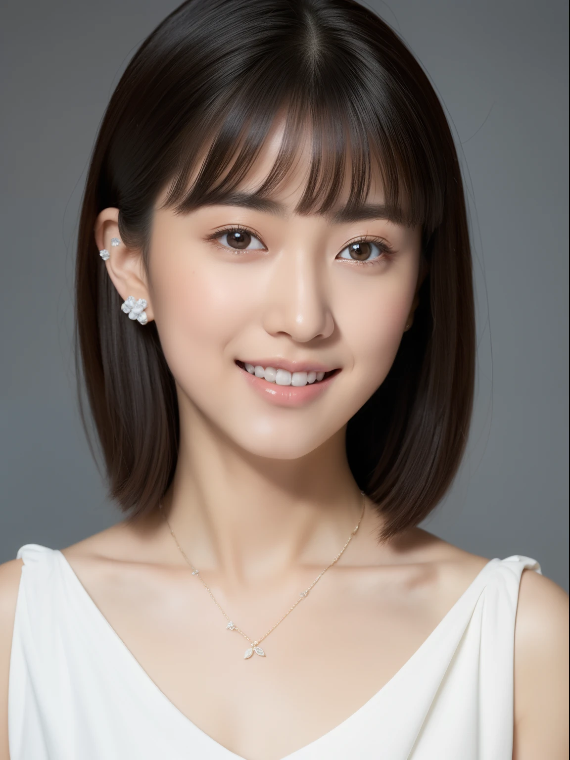(top-quality, ​masterpiece, hight resolution), Beautiful 20 year old woman。She wears a white off-the-shoulder with white ruffles that only hide her breasts。Put your shoulders out、kindly smile、Show your teeth a little。straight haired、(Semi-long to the shoulders、straight haired、Straight bangs、On-eyebrow bangs)、stick out only one ear、foco nítido、(电影灯光)、鎖骨、ear ornament、a necklace、Light gray background