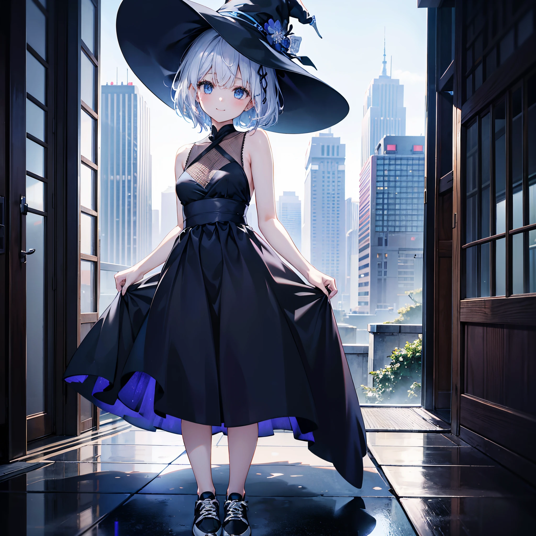 This is the rooftop of a skyscraper in the city.、It's late at night now.、You can see the night view of many low buildings in the background.、Photograph them from above、Small moon and starry sky、You can see the beautiful sea with the moonlight reflecting in the distance.、She was a 27-year-old woman with small breasts and loose, fluffy pure white short hair.、One is a 31-year-old woman with small breasts and dark blue-purple lob hair.、The two are having fun、street snap、Sheer feeling、Beautuful Women、Looking at me with a smile、She wears a large black witch hat with sapphire accessories、Dark blue-purple medium short hair with white mesh and loose lob hair、Blue eyes with highlights、she's not wearing anything, she's not wearing anything、I'm naked、Black sneakers with white shoelaces、small tits、discreet breasts、A fragile smile、hiquality、High Details、high-level image quality、4K picture quality、beatiful backgrounds,drawn by Japanese ilastrator