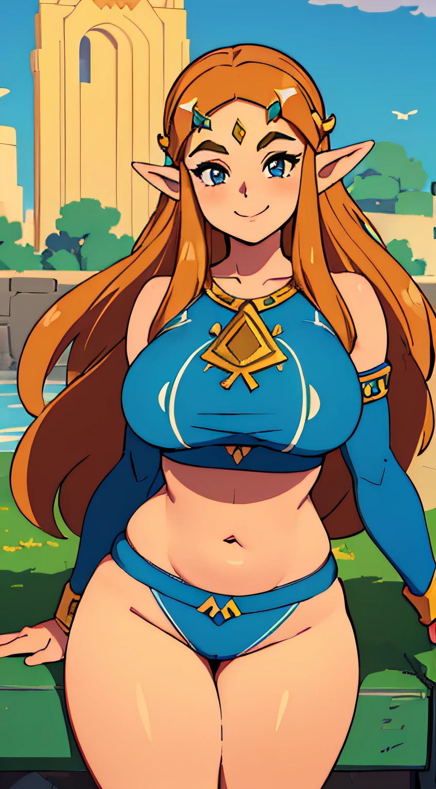 Best quality, (masterpiece:1.3), (best quality:1.2), (thick outlines:1.4), cute, (princess zelda)), solo, female, long hair, hair over eye, smirk, slim waist, happy smile, curvy body, (voluptuous, wide hips, thigh gap), ass thick thighs, tight black leggings, happy clouds