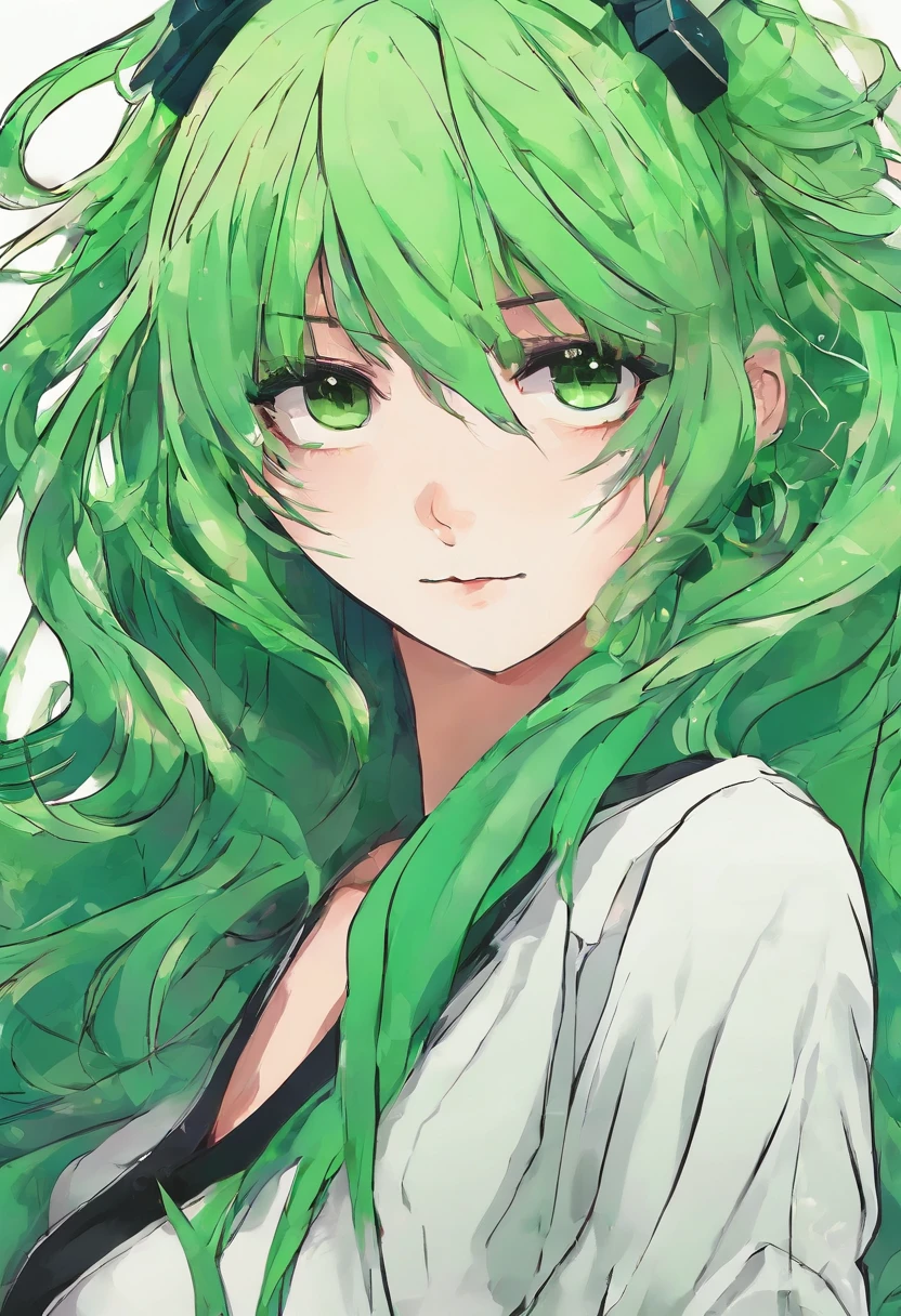 Green hair, 1girl, expresionless, long hair