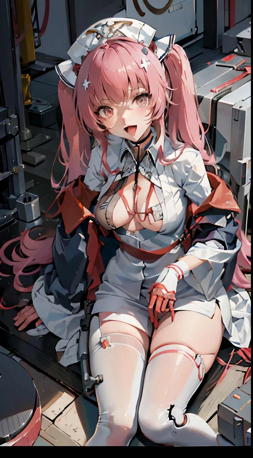 aquanurse, Nurse hat, 1girll, nedium breasts, looking at viewert,(White stockings), cleavage, Large breasts, ssmile, open open mouth, Be red in the face, pigtails, Open your clothes, 独奏, ahoge, sitted, Open jacket, :D,tmasterpiece,1girll,Solo,,Chains, Mecha musume, Mecha musume, (machine arm:1.4), mechanical leg, mechanical leg, (mechanical leg:1.3), mechanicalparts, mechanicalparts, mechanicalparts, Puppet joints, Puppet joints,doll-joints,(crosses:1.3),standing on your feet,Tie arms,bound legs,inside in room,neck rings,Tied up,lying down,Kneel in a messy environment
