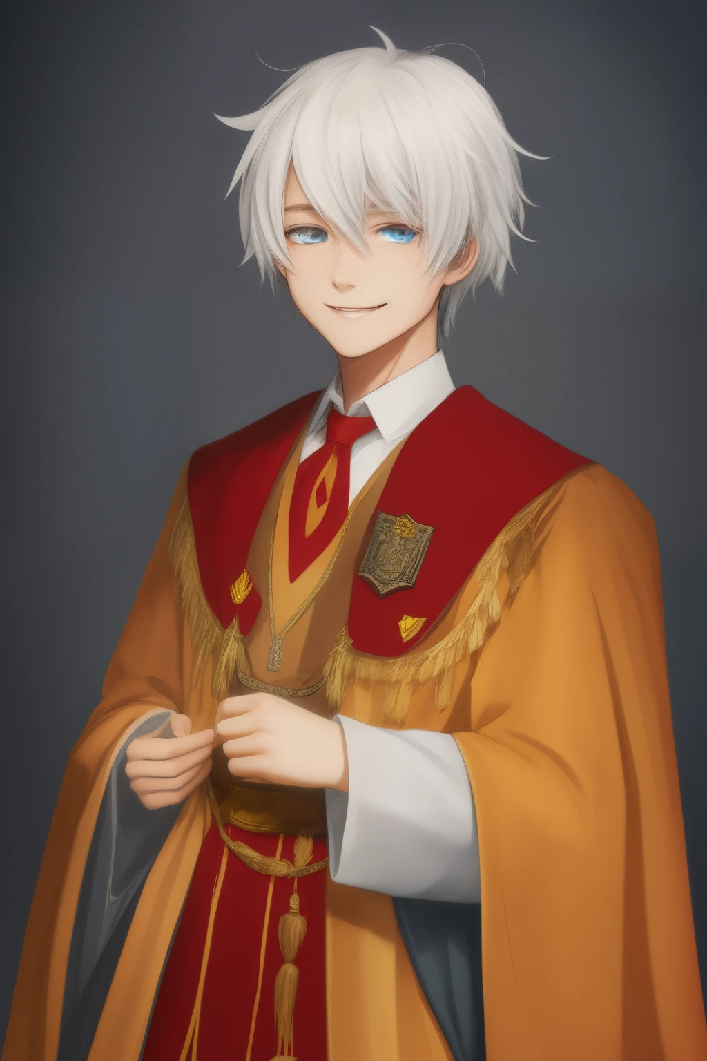 A smiling boy with white hair, three-paku eyes, and blue eyes, wearing a Gryffindor uniform, in anime style.