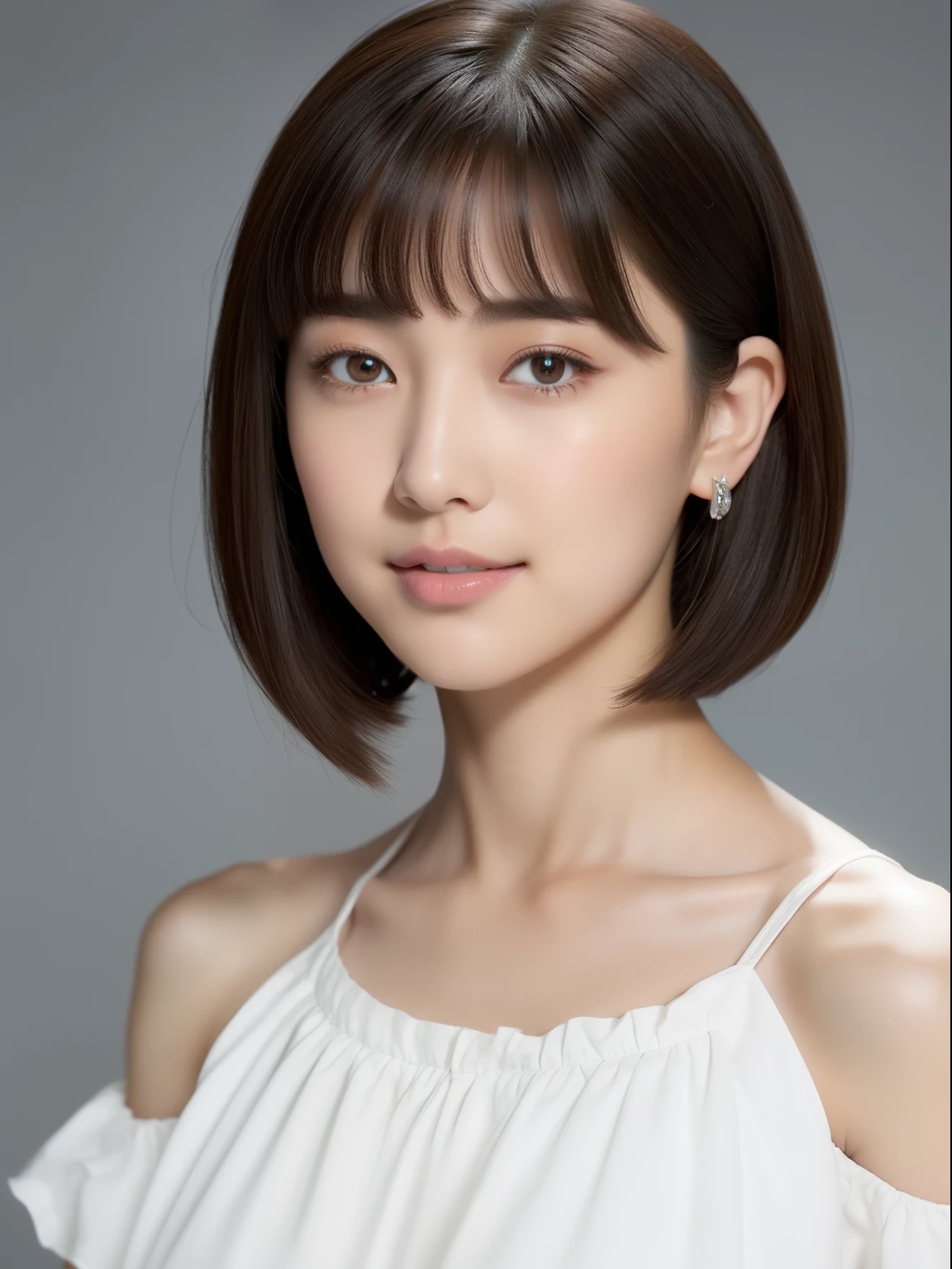 (top-quality, ​masterpiece, hight resolution), Beautiful 18 year old woman。She wears a white off-the-shoulder with white ruffles that only hide her breasts。Put your shoulders out、kindly smile、Show your teeth a little。Short Bob Hair Straight、(Voluminous short bob、Trimming the bob、straight haired、Straight bangs、On-eyebrow bangs)、Bob with only one ear out、foco nítido、(电影灯光)、鎖骨、ear ornament、a necklace、Light gray background