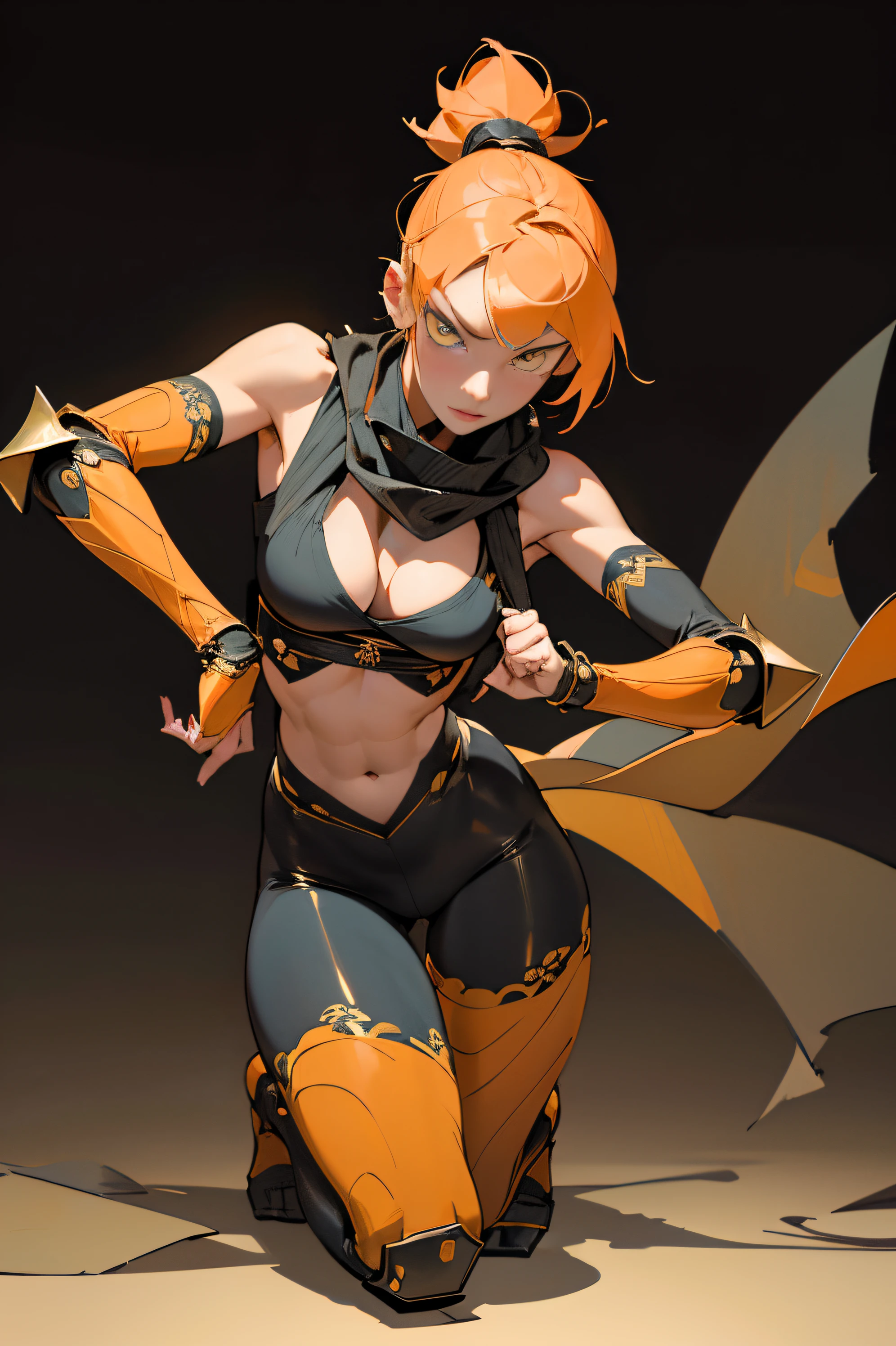 [Shinjuku background at night],(HENTAI ANIME) (Japanese NINJA Girl (Beauty) 15yo student) petite and muscular [Slim & fit body], Short Bob Cut,([hornet] Orange Ninja Battle Armor) scarf [stall] ((Fitting rubber inner) [honeycomb] [edg]) hair adornments (Dull metallic luster:0.8),gravure [KUNOICHI],(Perfectly proportioned),Ideal color coordination),(Intricate and beautiful decoration (Dense detail)),[Perfect hand details],(Beautiful perfect face, yellow eyes, yellow irises, [Perfect eye details, [Full body like], fit thighs, thigh gap,[[Desaturation]], pretty hands, perfect fingers