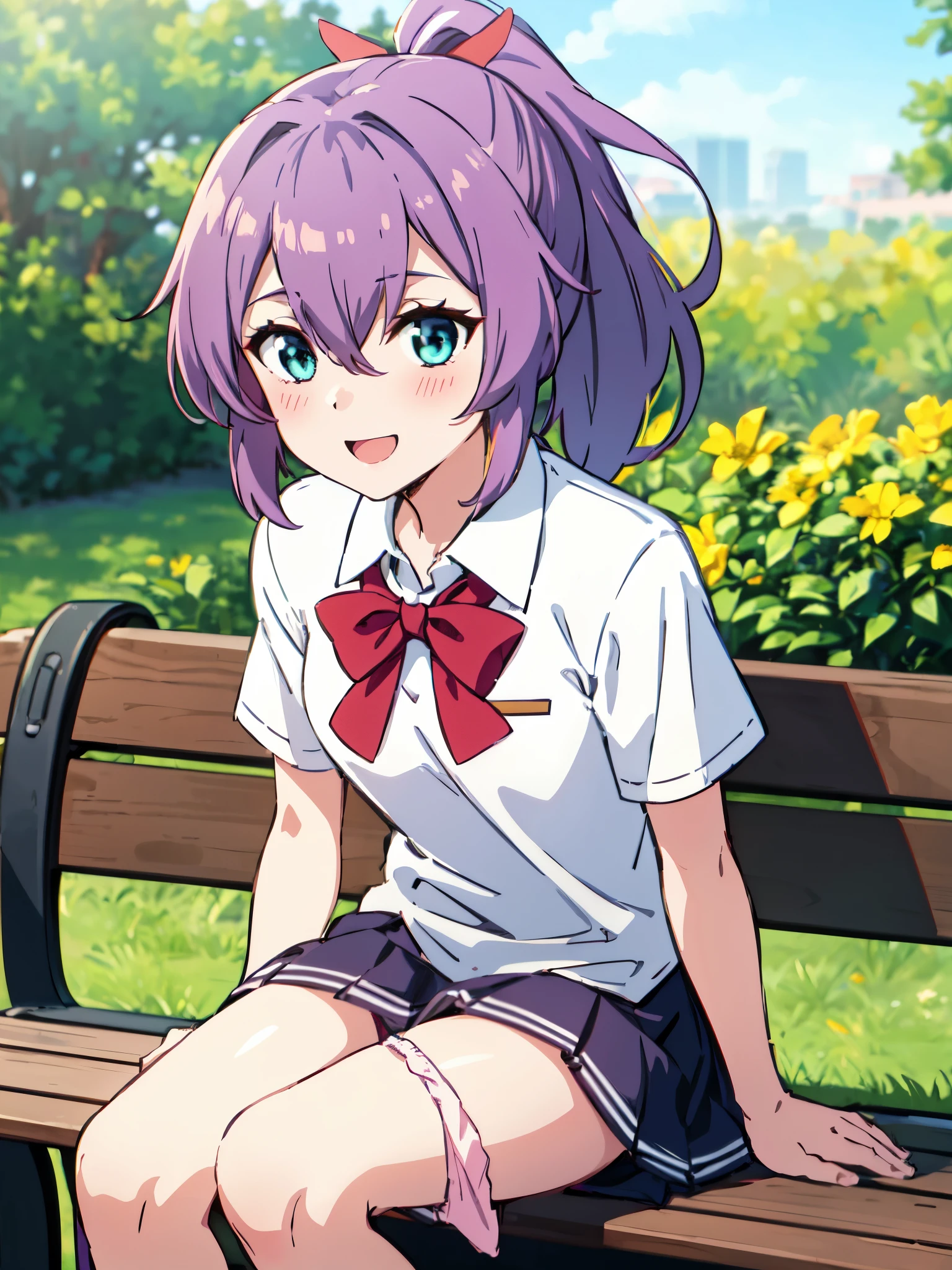 javelin_azurlane, purple_hair, hair_ornament, ribbon, ponytail, bangs, smile, hair_ribbon, blush, crown, hair_between_eyes, green_eyes, mini_crown, small breasts, open_mouth, blue_eyes, (panties around one leg:1.3), sitting, bench, park, outside, sunny, school uniform,