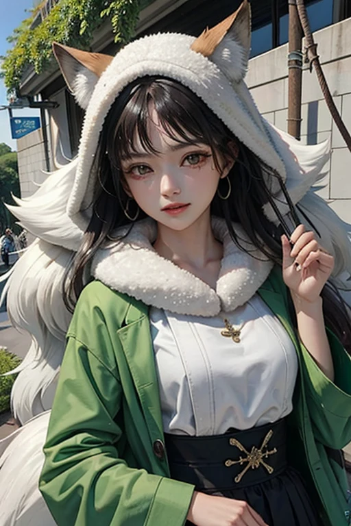 Yu Shuxin is a Huli Jing or, Se preferir, a young tailed fox who is able to change shape, frequentemente optando por apresentar-se como uma bela mulher, and likes to charm and play tricks on humans. muito bonita, fox ears on the head and a beautiful fox tail,muito bonita,segurando um leque,sentanda em uma pedra na floresta,arte detalhada